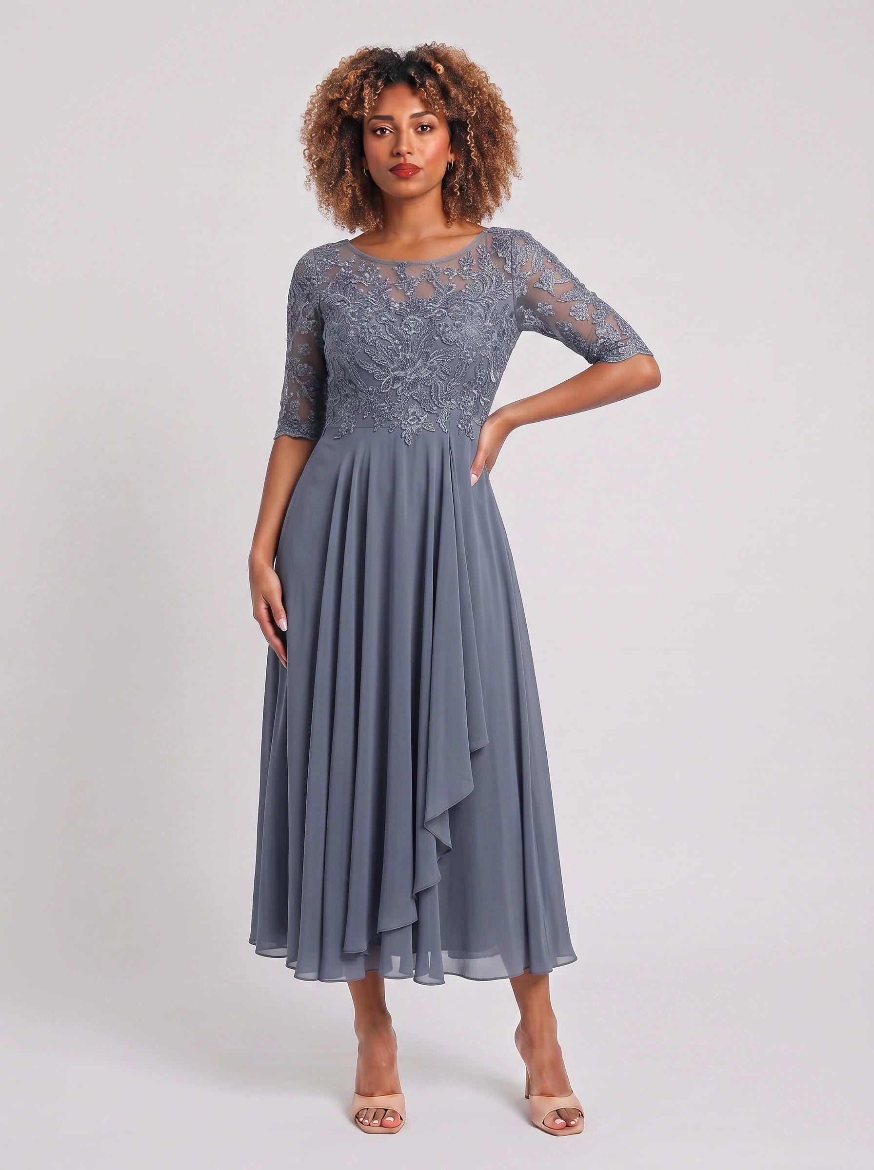 Ameflor Lace Bodice Tea-Length Midi Dress – Formal Wedding Guest Women Elegant Evening Midi Dress