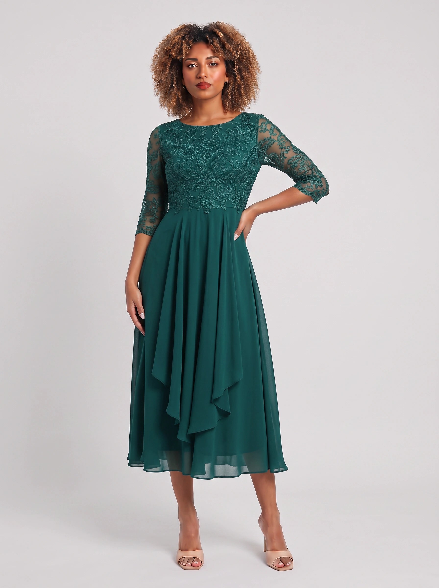 Ameflor Lace Bodice Tea-Length Midi Dress – Formal Wedding Guest Women Elegant Evening Midi Dress