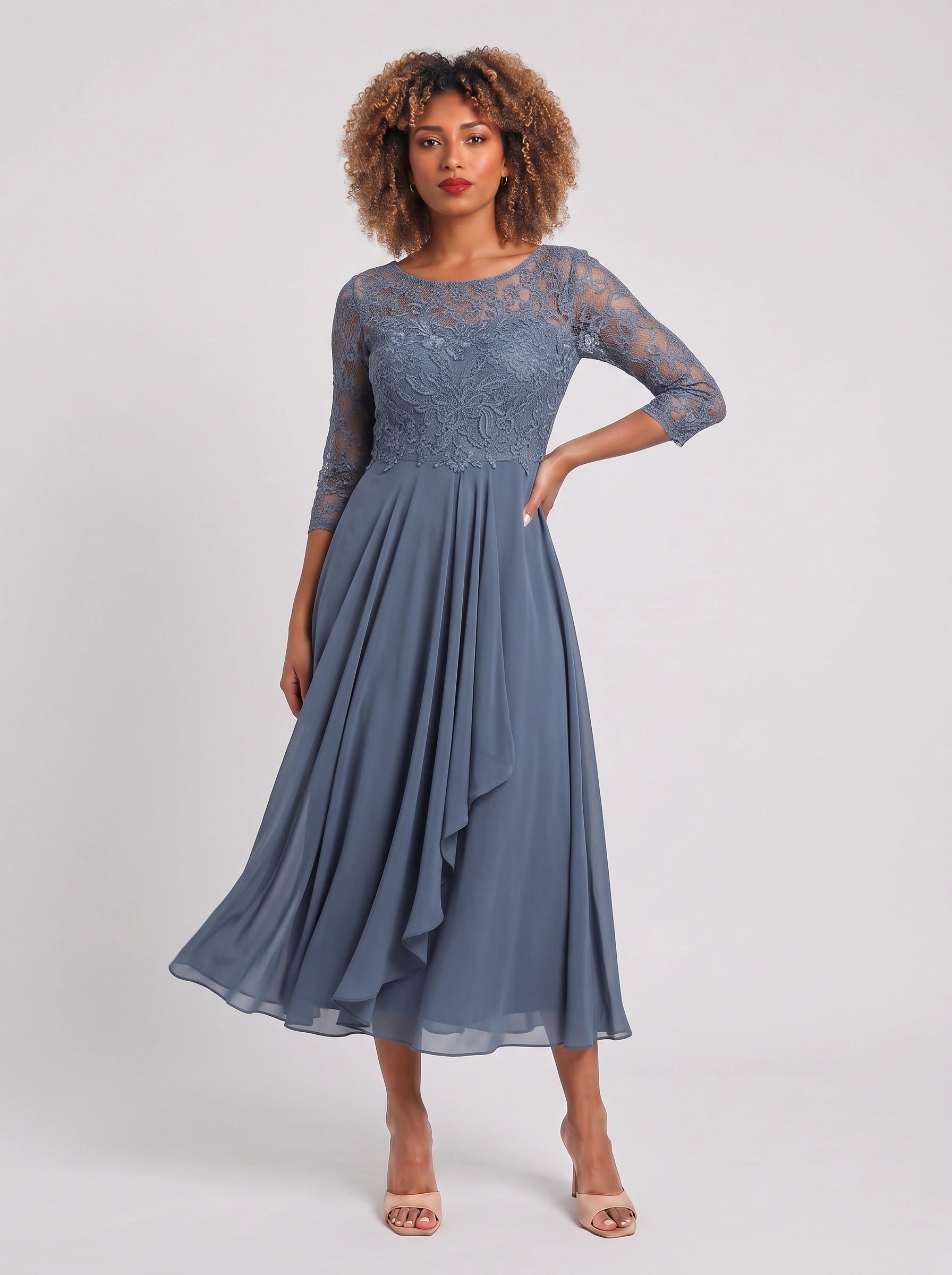 Ameflor Lace Bodice Tea-Length Midi Dress – Formal Wedding Guest Women Elegant Evening Midi Dress
