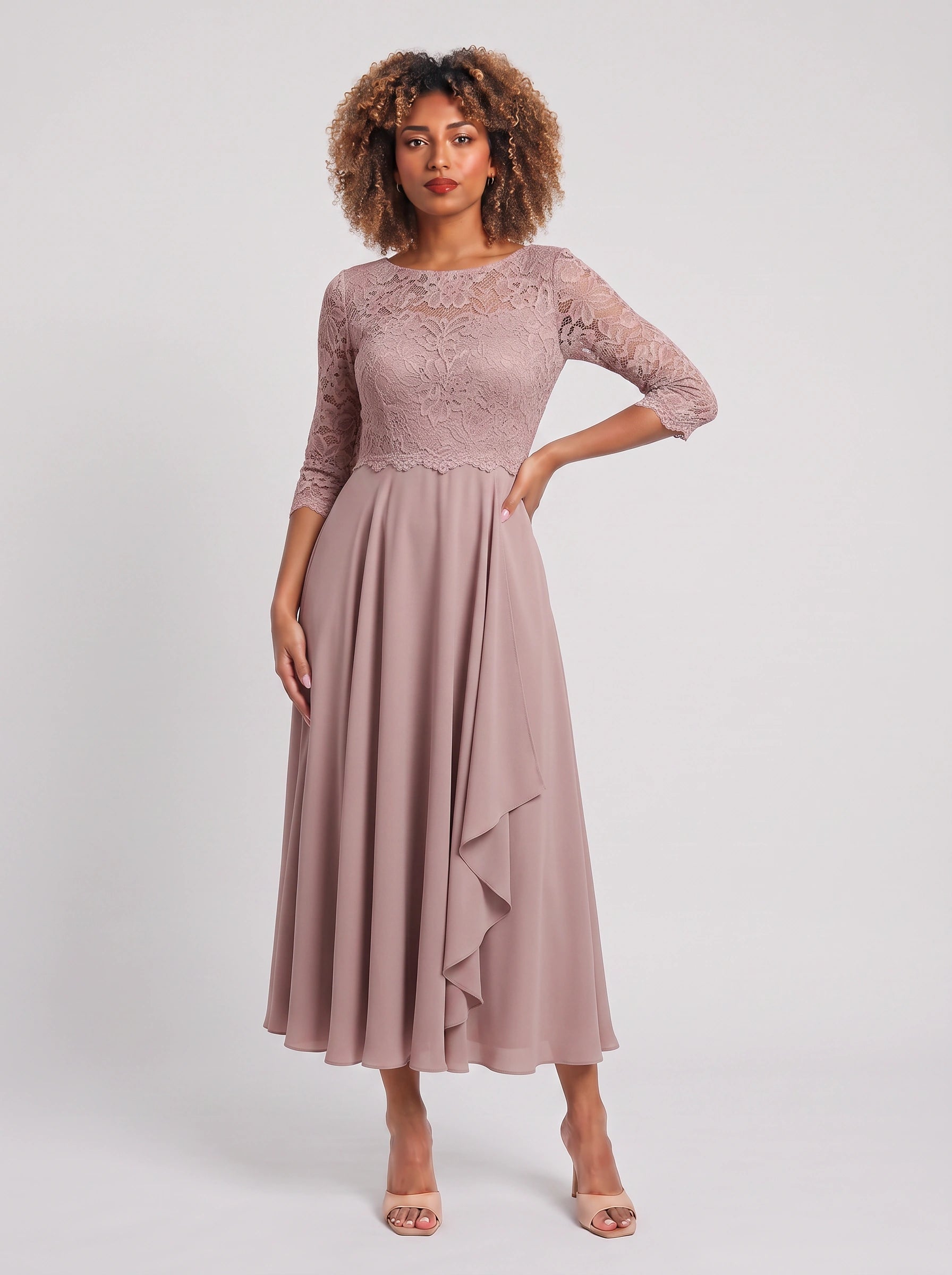 Ameflor Lace Bodice Tea-Length Midi Dress – Formal Wedding Guest Women Elegant Evening Midi Dress
