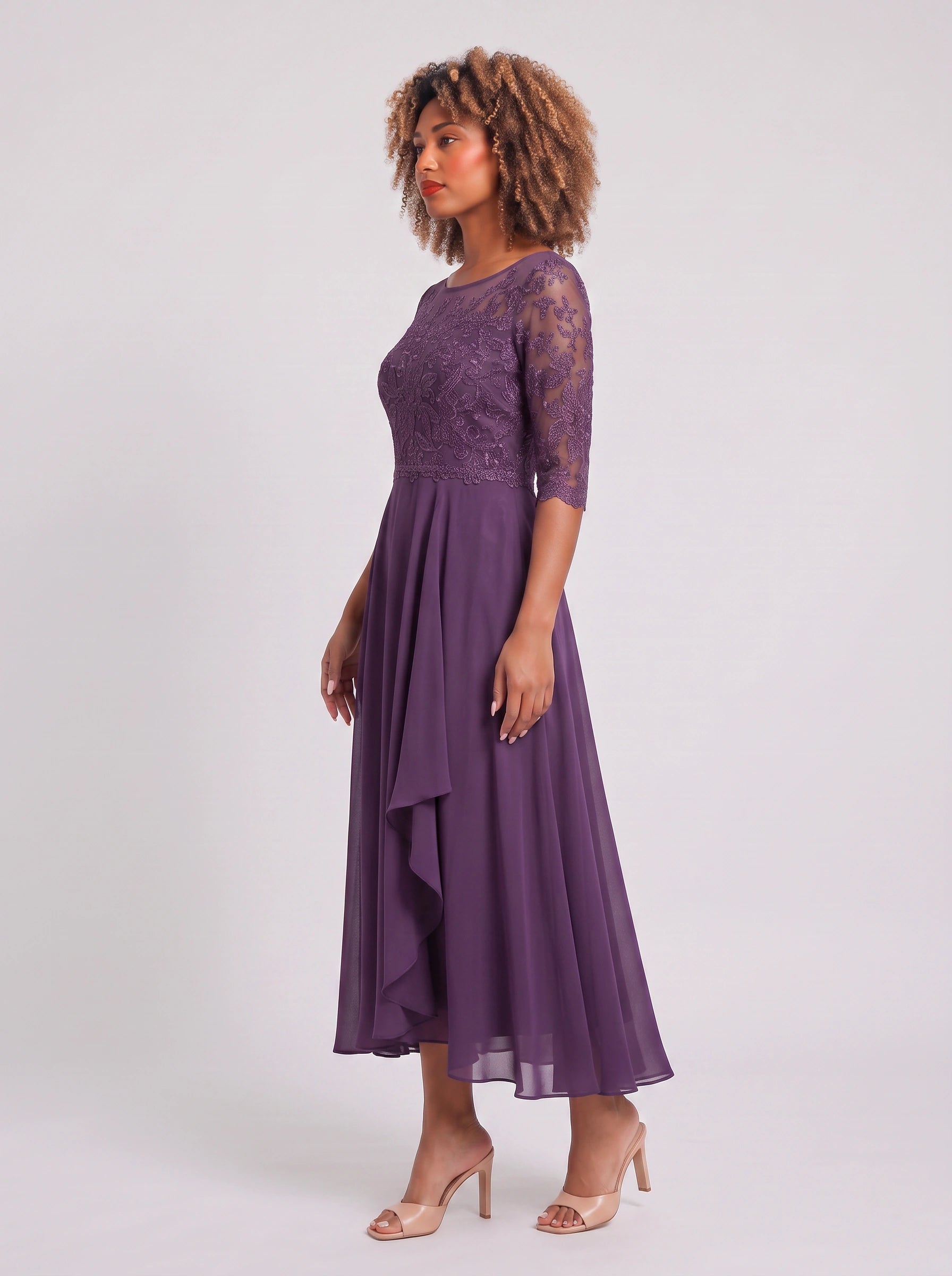 Ameflor Lace Bodice Tea-Length Midi Dress – Formal Wedding Guest Women Elegant Evening Midi Dress