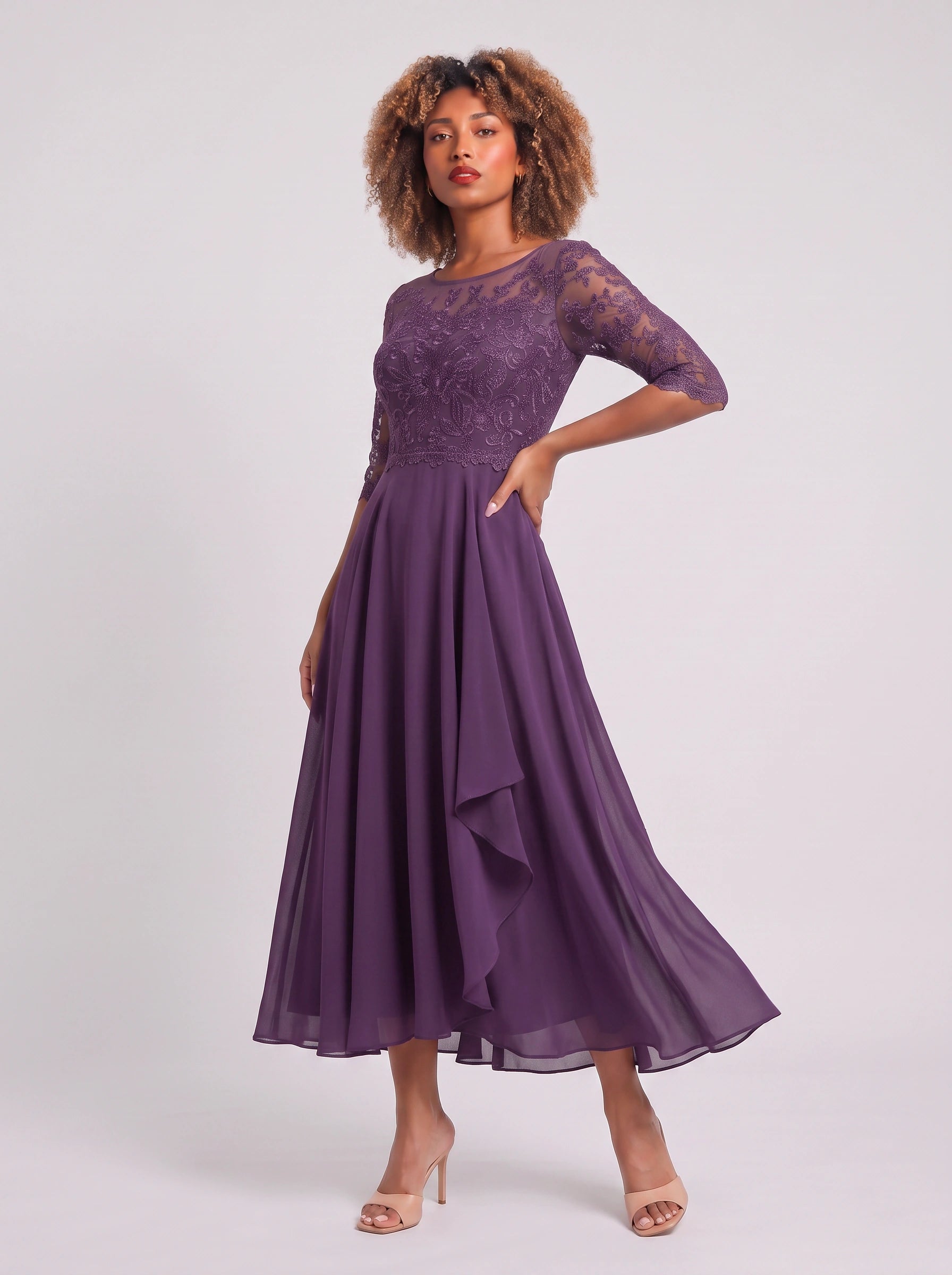 Ameflor Lace Bodice Tea-Length Midi Dress – Formal Wedding Guest Women Elegant Evening Midi Dress