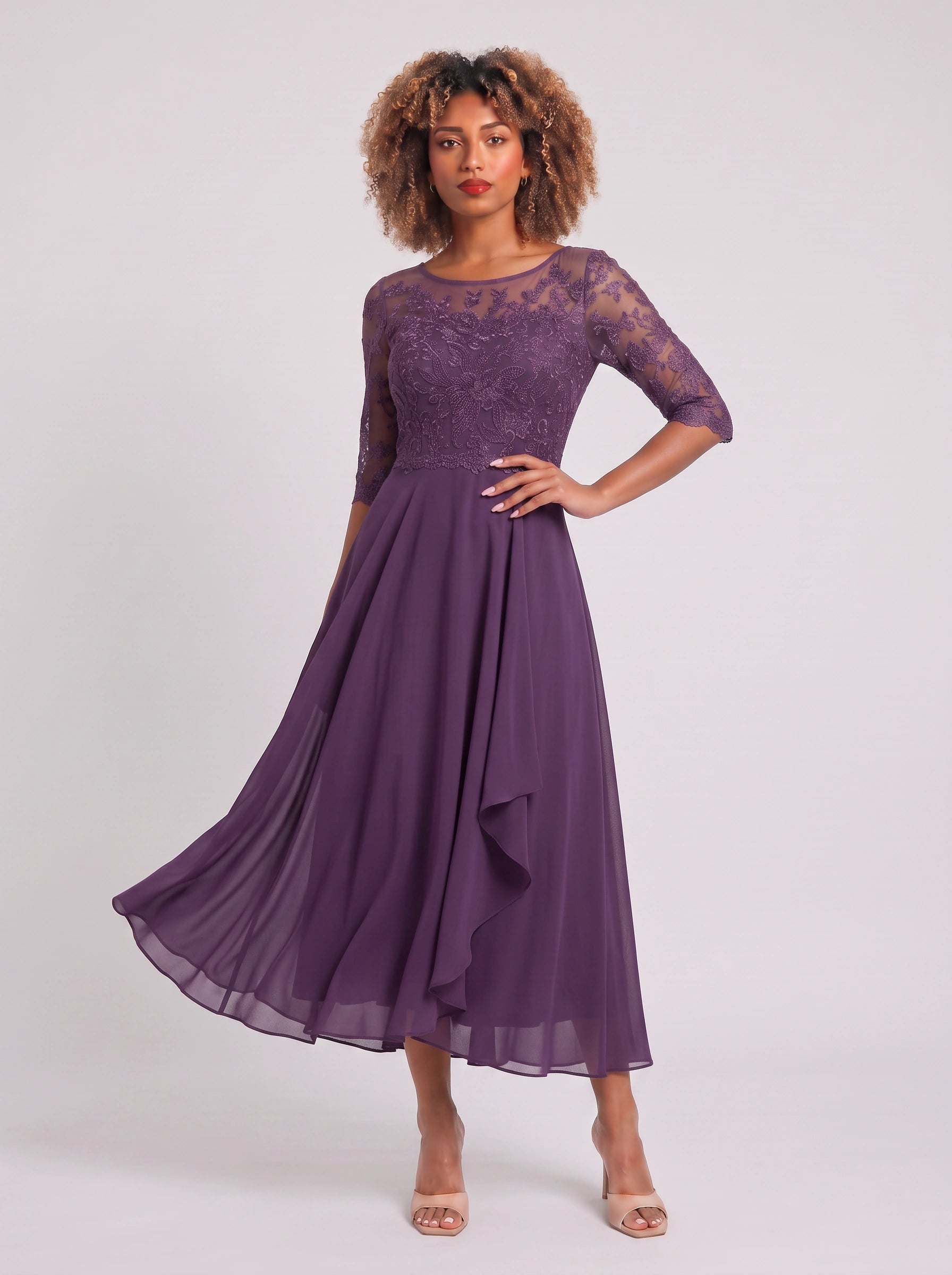 Ameflor Lace Bodice Tea-Length Midi Dress – Formal Wedding Guest Women Elegant Evening Midi Dress