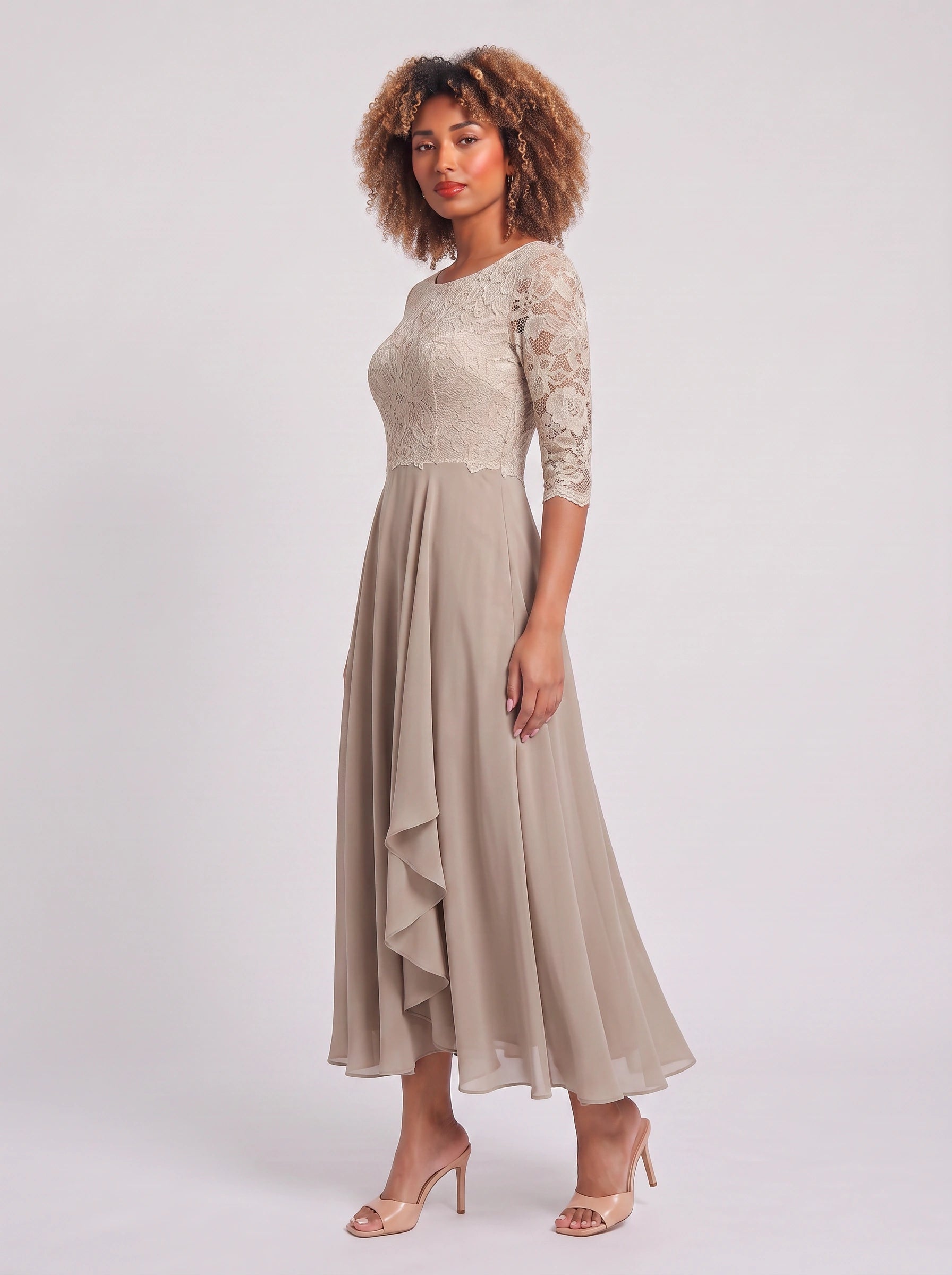 Ameflor Lace Bodice Tea-Length Midi Dress – Formal Wedding Guest Women Elegant Evening Midi Dress