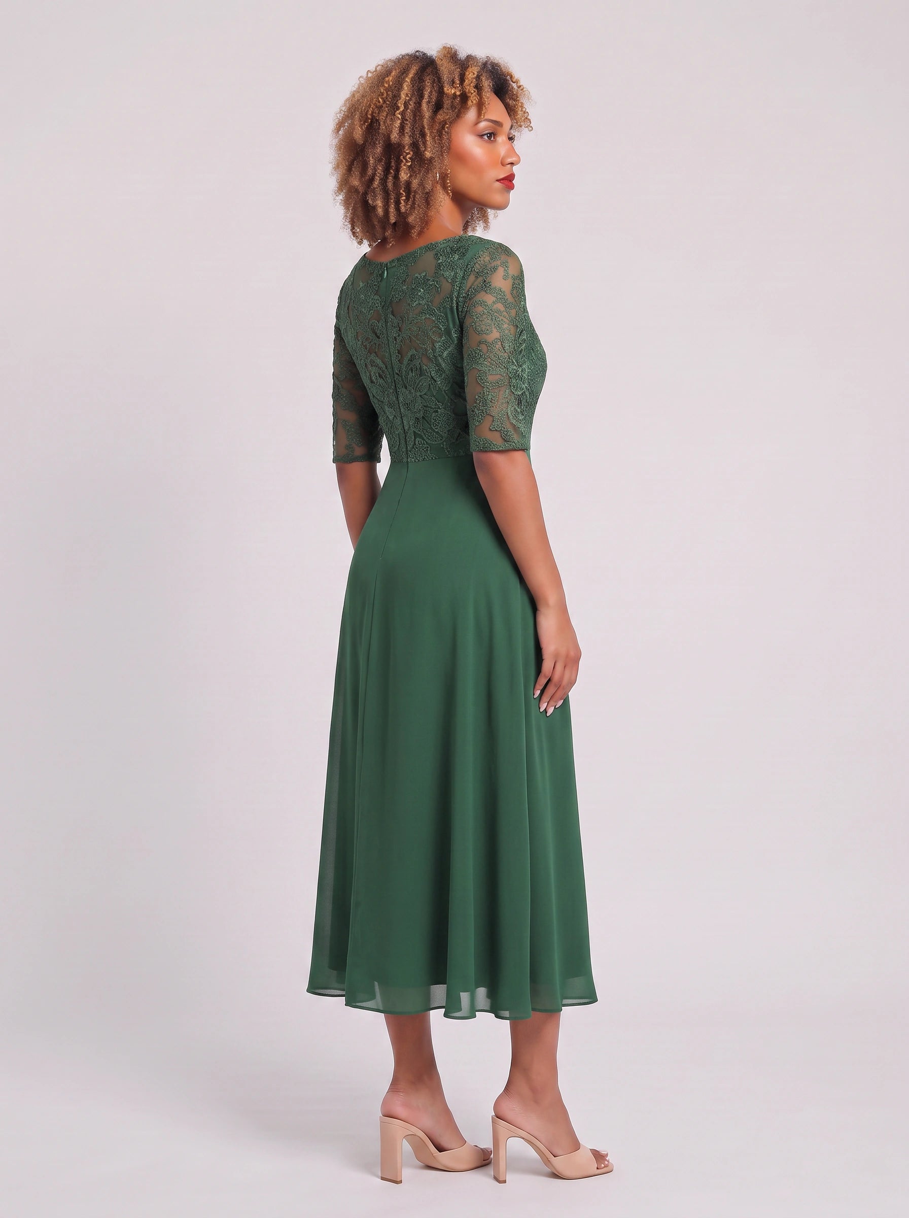 Ameflor Lace Bodice Tea-Length Midi Dress – Formal Wedding Guest Women Elegant Evening Midi Dress