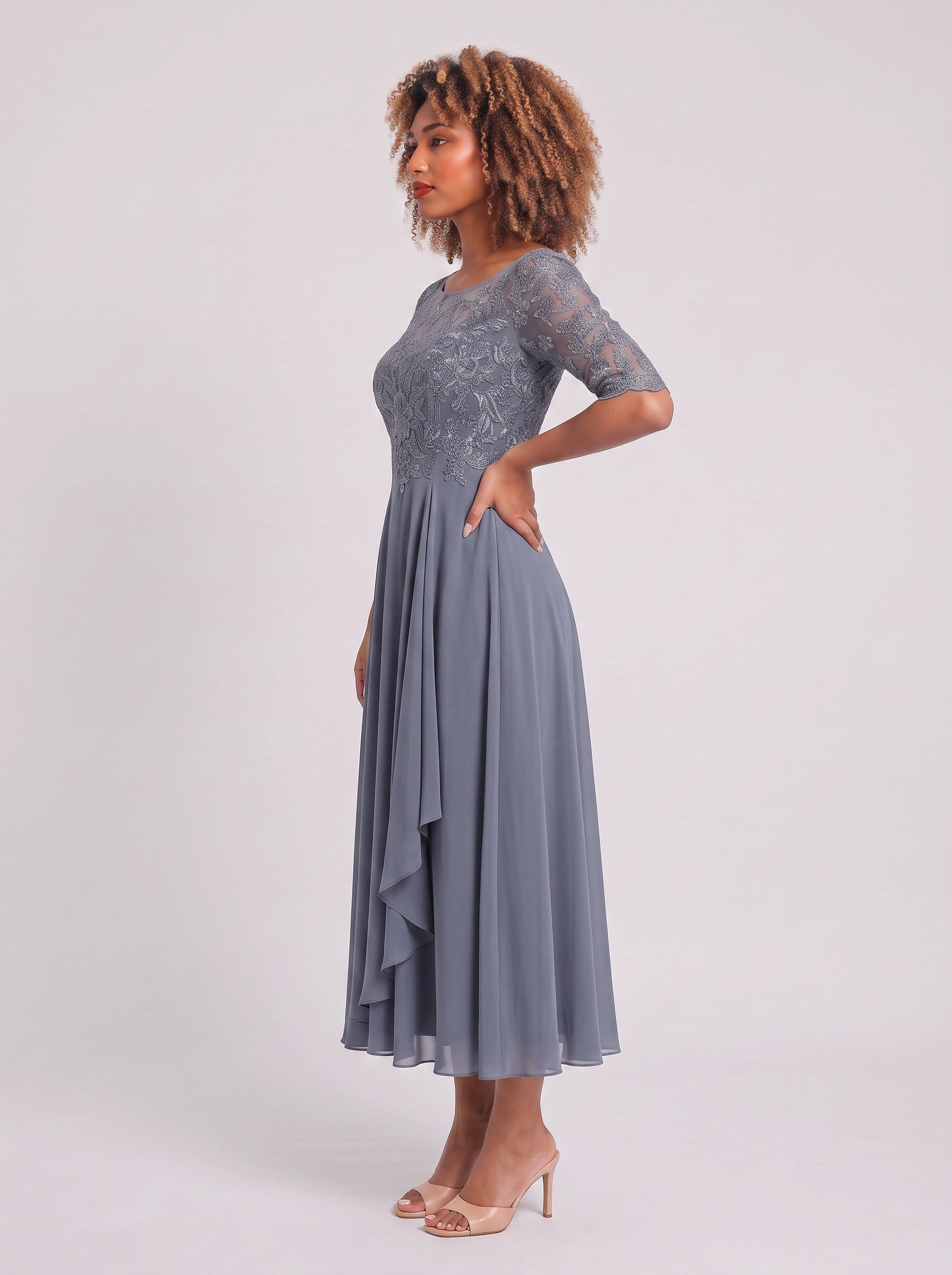 Ameflor Lace Bodice Tea-Length Midi Dress – Formal Wedding Guest Women Elegant Evening Midi Dress