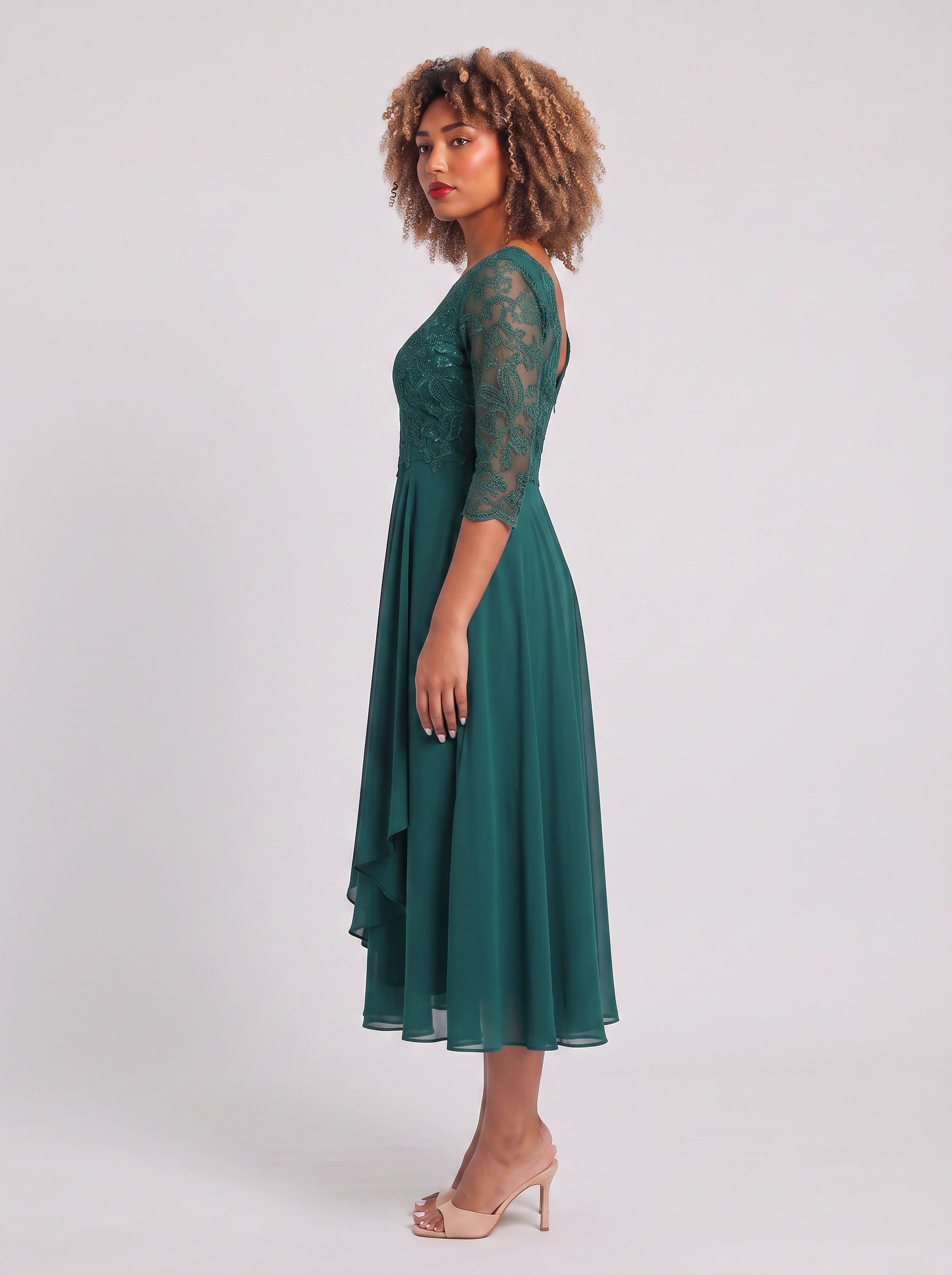 Ameflor Lace Bodice Tea-Length Midi Dress – Formal Wedding Guest Women Elegant Evening Midi Dress