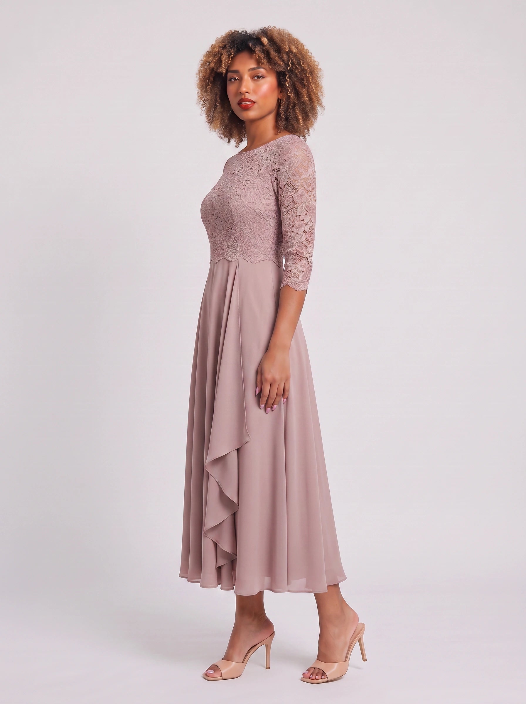 Ameflor Lace Bodice Tea-Length Midi Dress – Formal Wedding Guest Women Elegant Evening Midi Dress