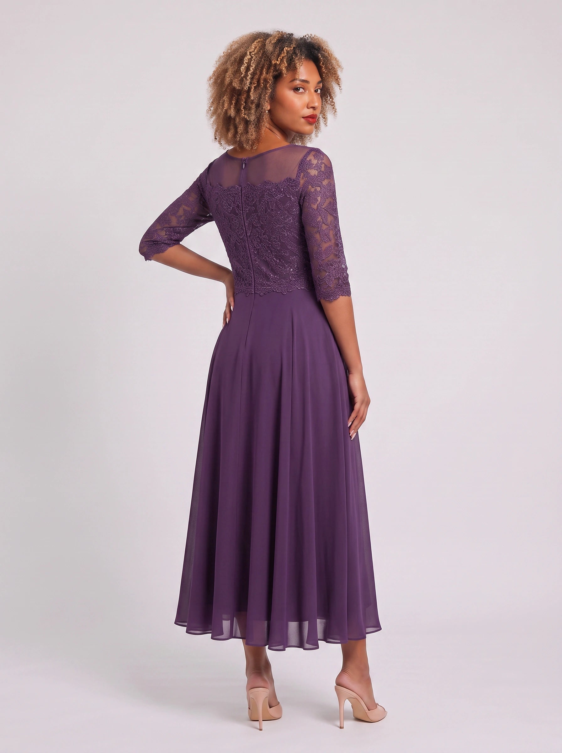 Ameflor Lace Bodice Tea-Length Midi Dress – Formal Wedding Guest Women Elegant Evening Midi Dress