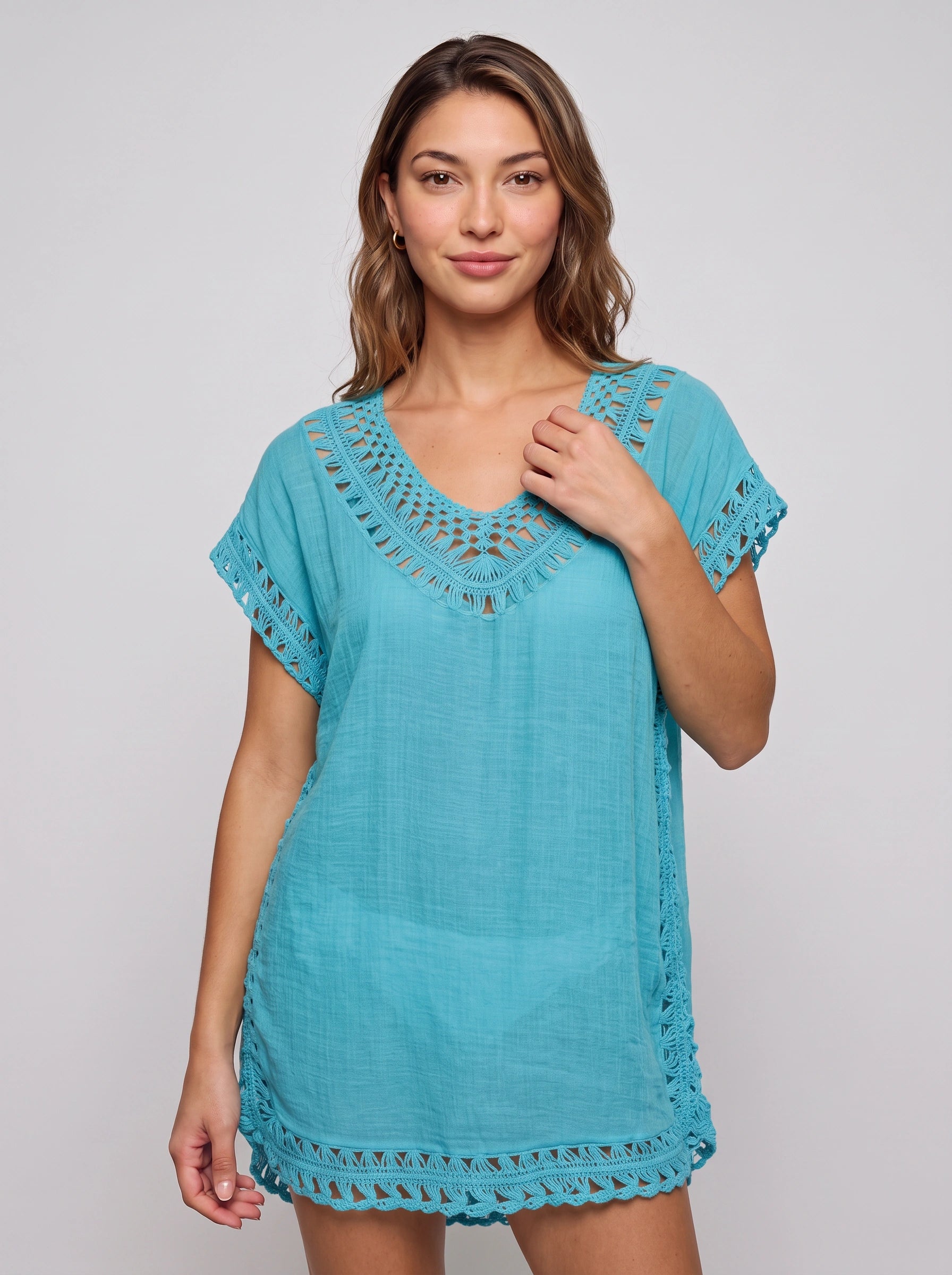 Maretia Crochet Trim Beach Tunic Dress – Women Summer Vacation Boho Swimsuit Cover Up Mini Dress