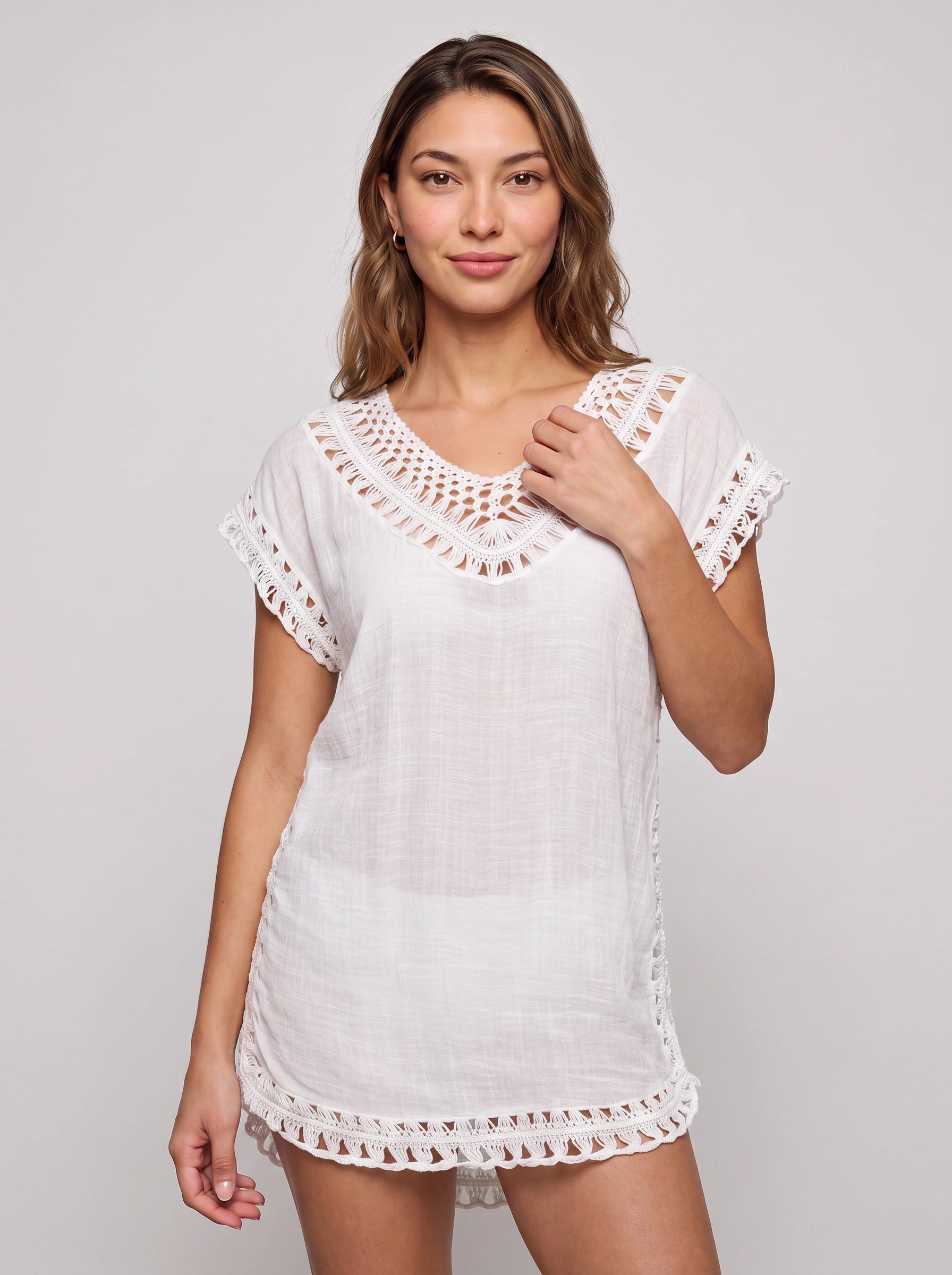 Maretia Crochet Trim Beach Tunic Dress – Women Summer Vacation Boho Swimsuit Cover Up Mini Dress