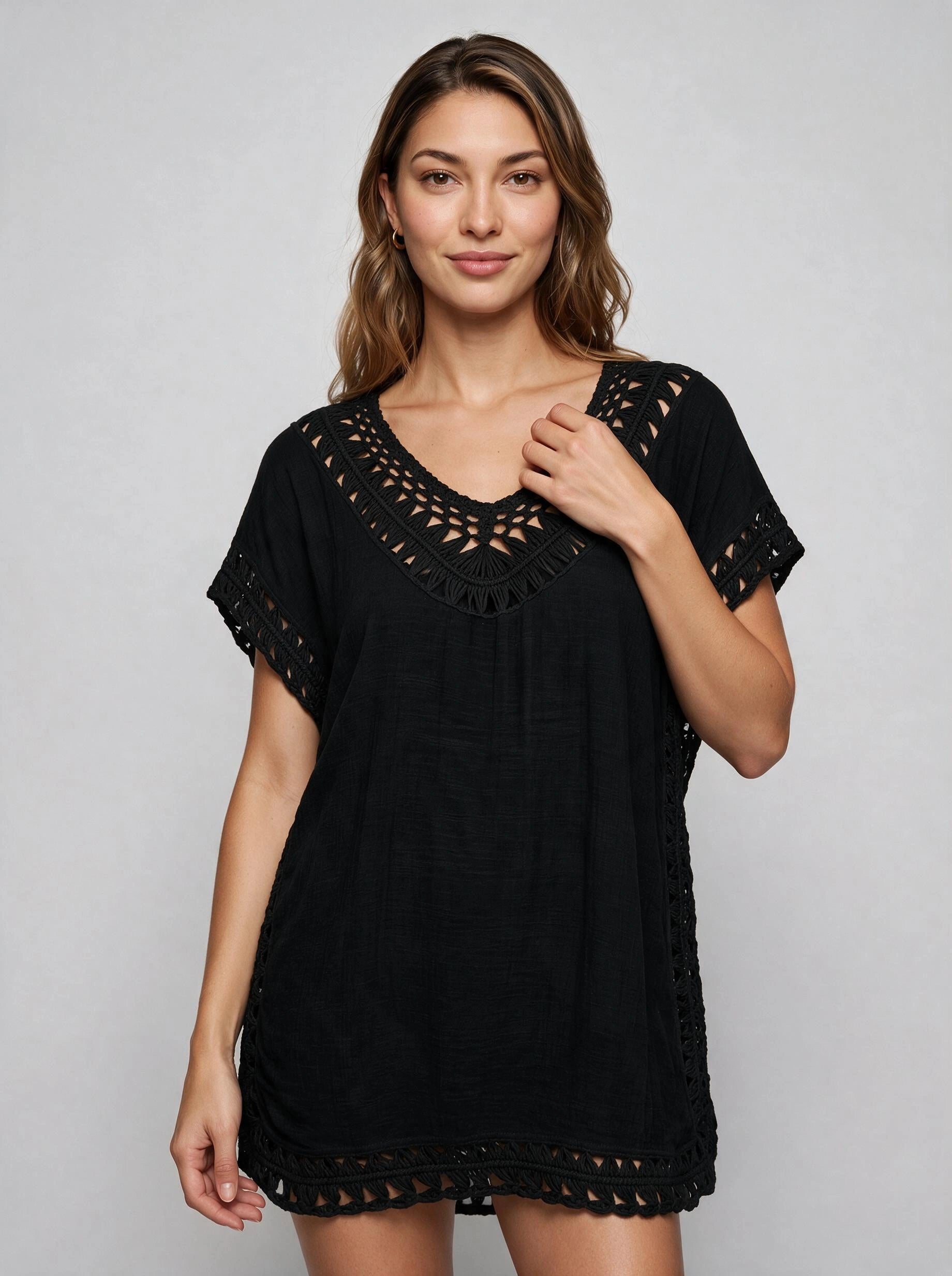 Maretia Crochet Trim Beach Tunic Dress – Women Summer Vacation Boho Swimsuit Cover Up Mini Dress