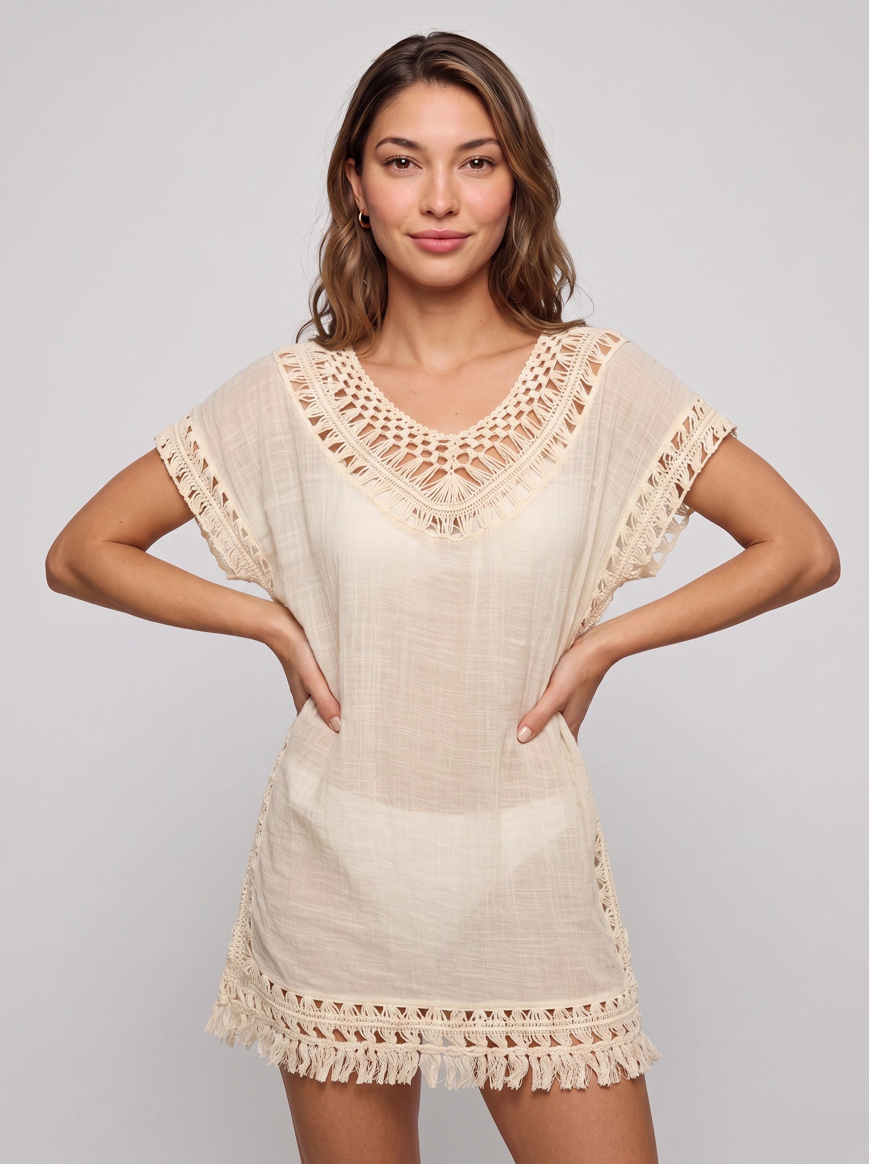 Maretia Crochet Trim Beach Tunic Dress – Women Summer Vacation Boho Swimsuit Cover Up Mini Dress