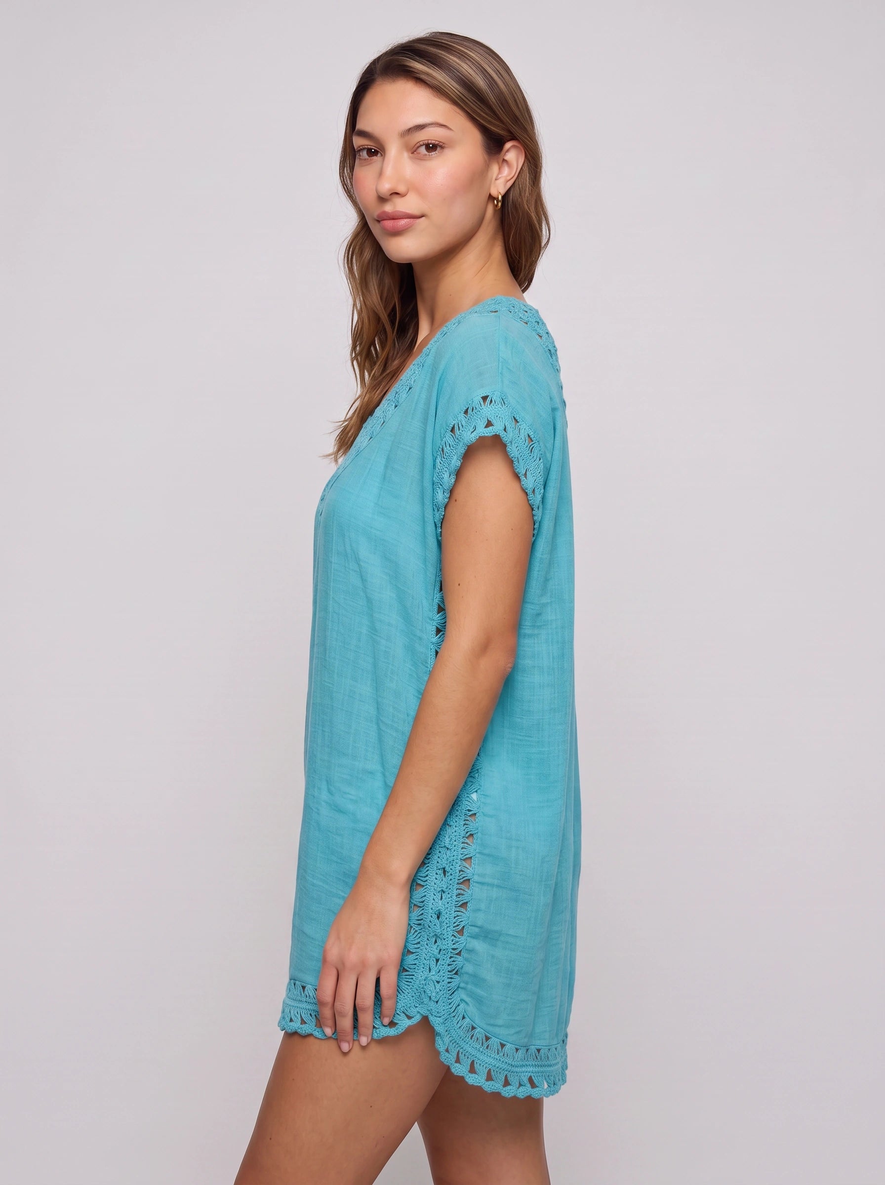 Maretia Crochet Trim Beach Tunic Dress – Women Summer Vacation Boho Swimsuit Cover Up Mini Dress