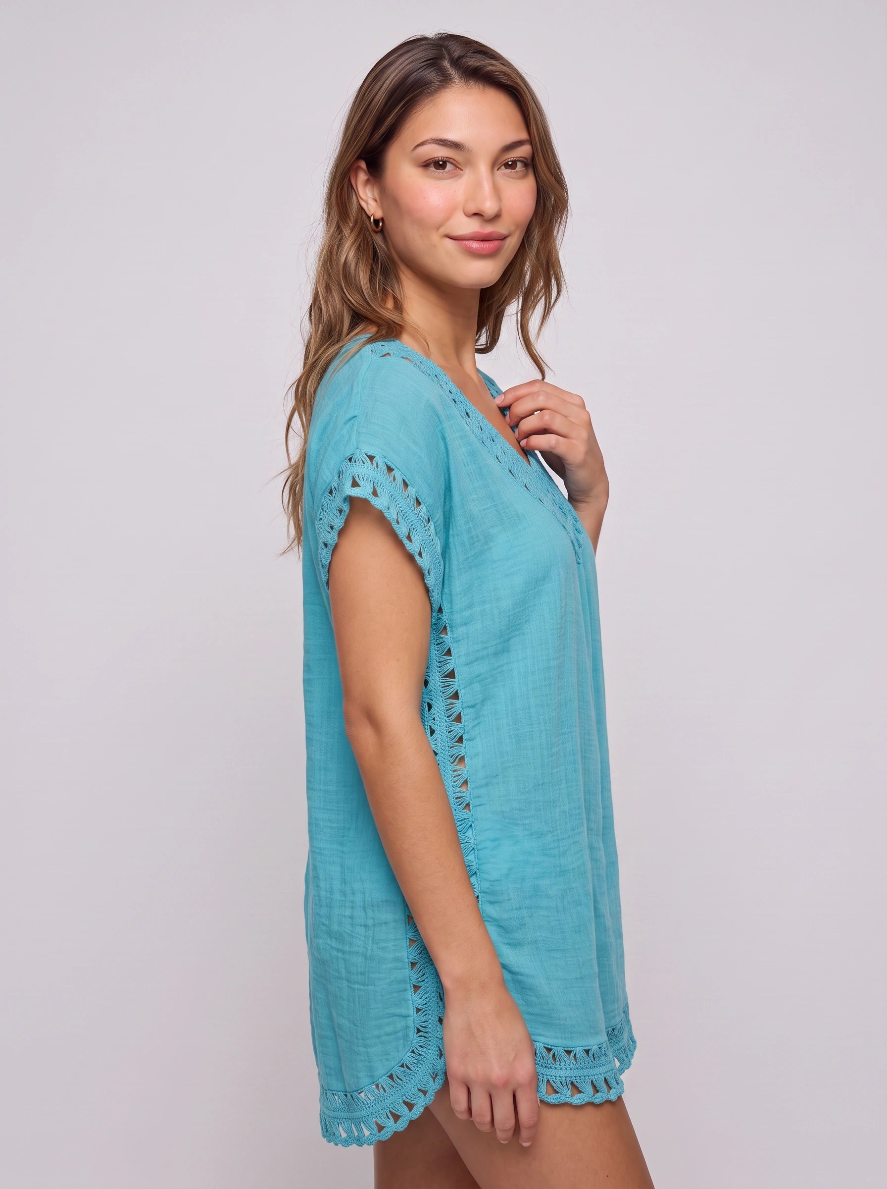Maretia Crochet Trim Beach Tunic Dress – Women Summer Vacation Boho Swimsuit Cover Up Mini Dress