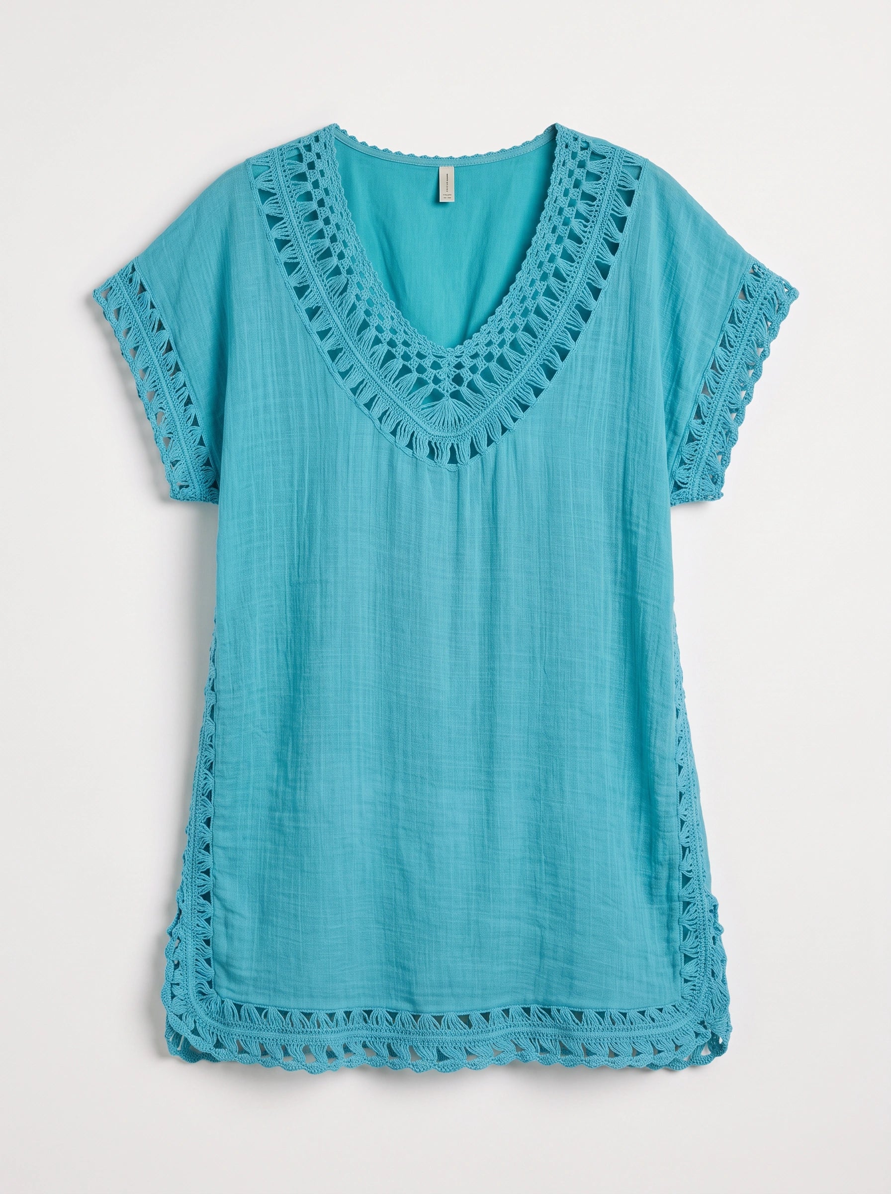 Maretia Crochet Trim Beach Tunic Dress – Women Summer Vacation Boho Swimsuit Cover Up Mini Dress