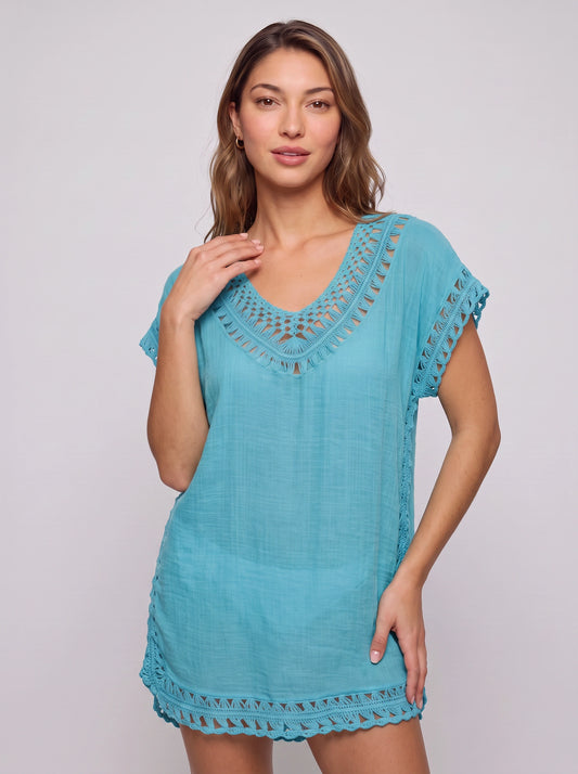 Maretia Crochet Trim Beach Tunic Dress – Women Summer Vacation Boho Swimsuit Cover Up Mini Dress