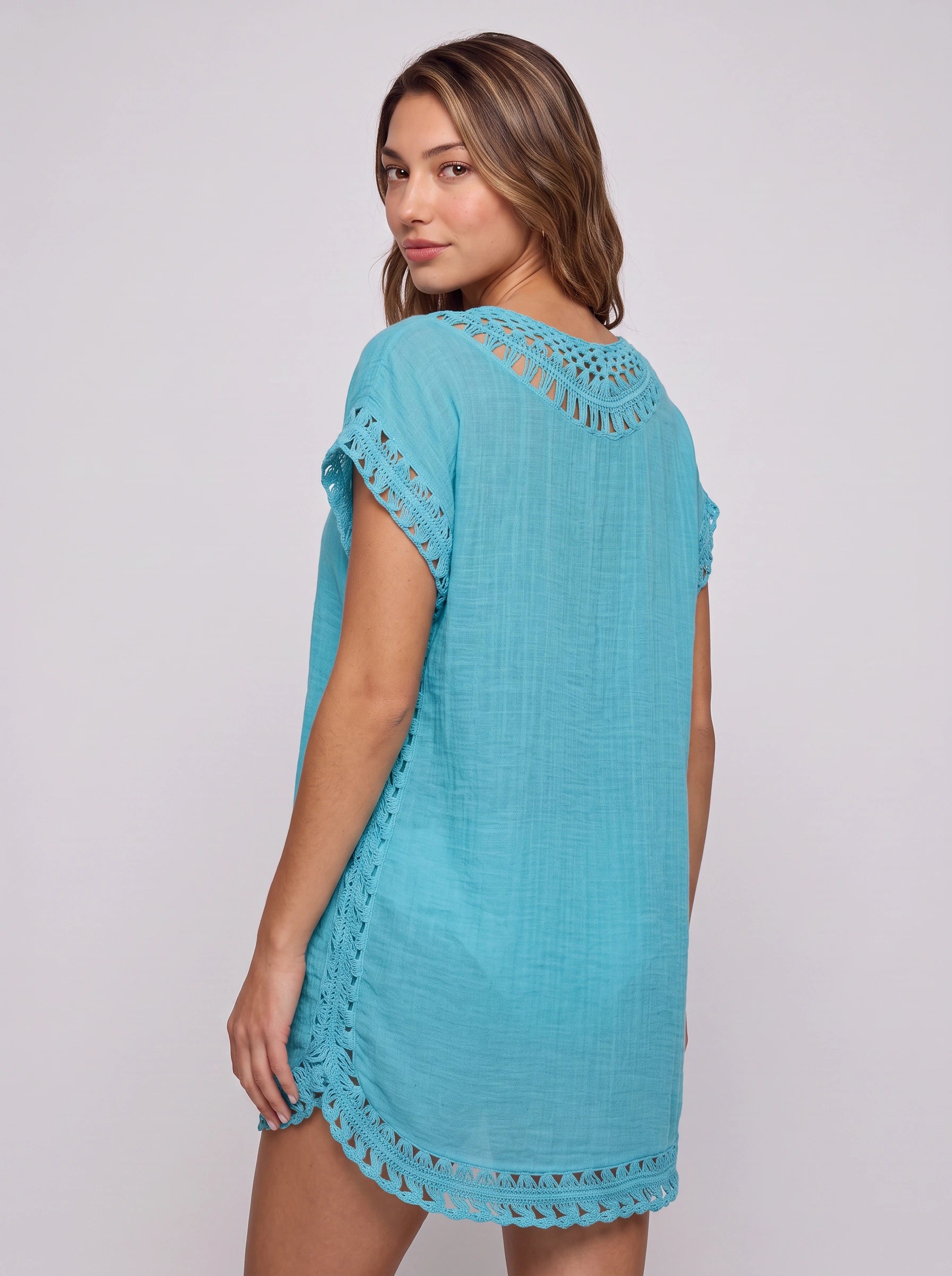 Maretia Crochet Trim Beach Tunic Dress – Women Summer Vacation Boho Swimsuit Cover Up Mini Dress