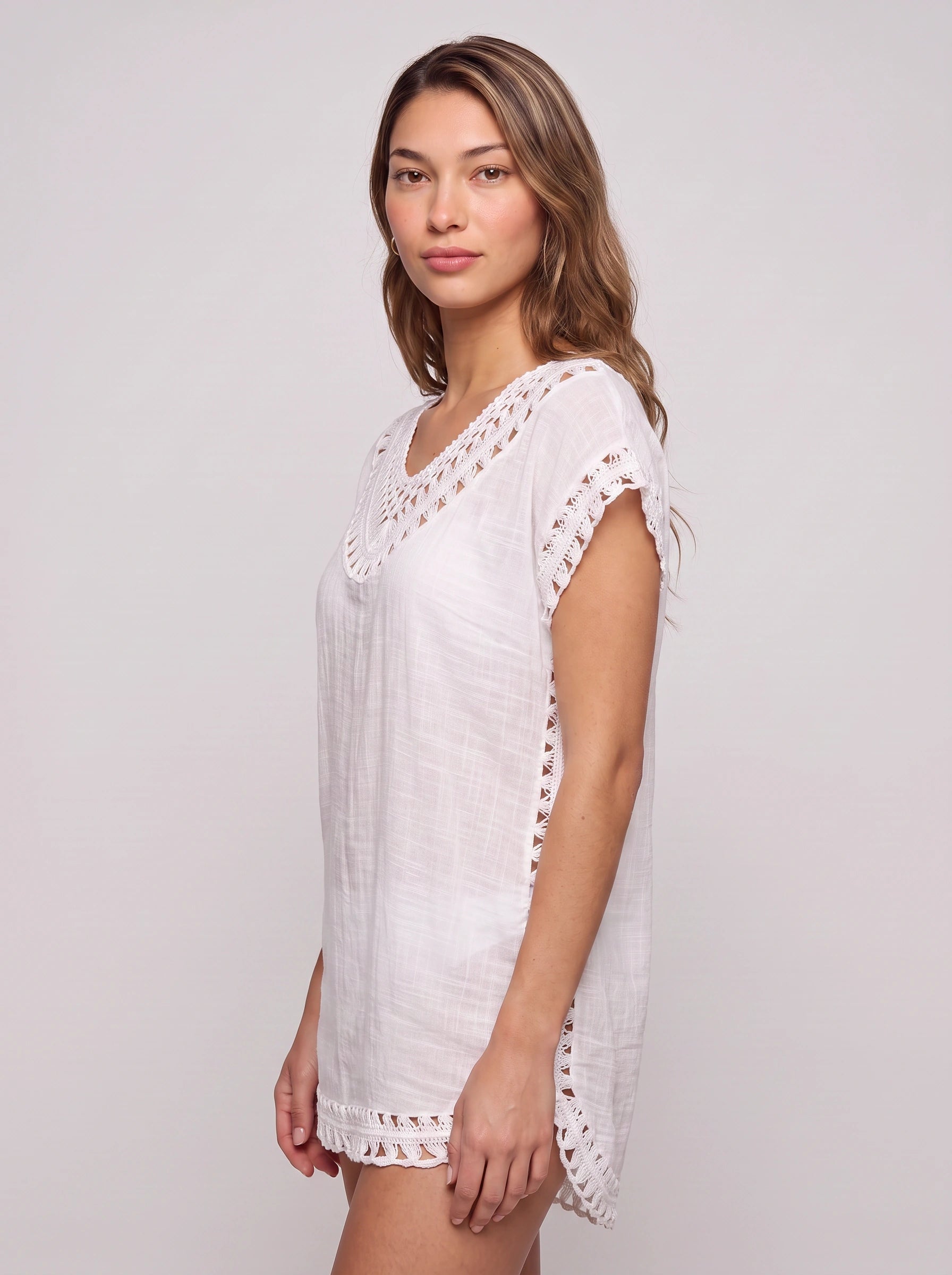 Maretia Crochet Trim Beach Tunic Dress – Women Summer Vacation Boho Swimsuit Cover Up Mini Dress