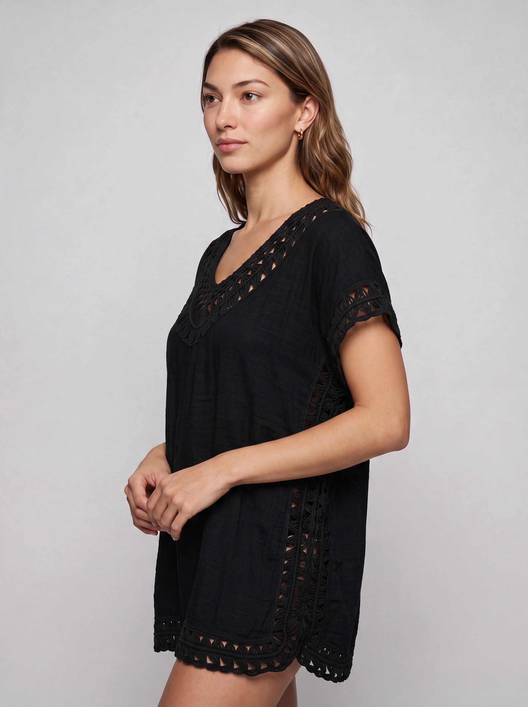 Maretia Crochet Trim Beach Tunic Dress – Women Summer Vacation Boho Swimsuit Cover Up Mini Dress