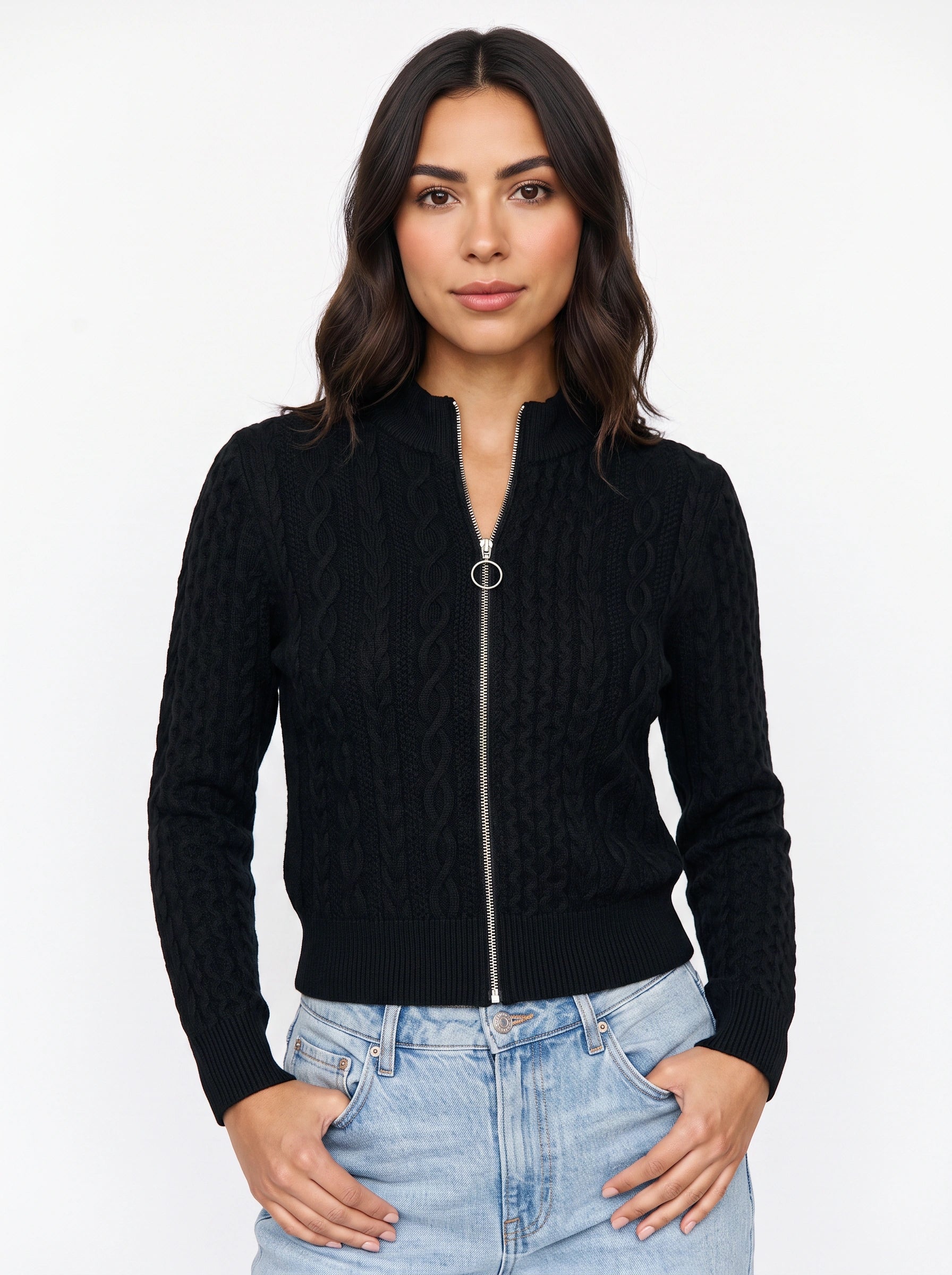 Tressio Cable-Knit Zip Neck Jumper – Women Casual Smart Office Work Textured Knit Sweater Top