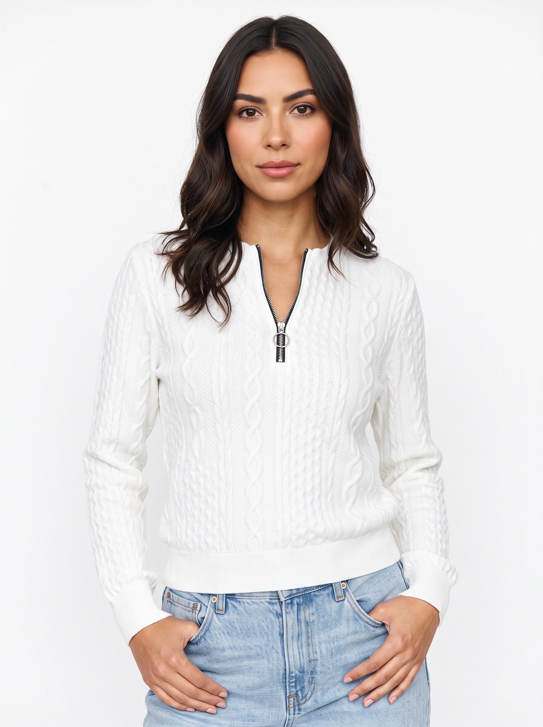 Tressio Cable-Knit Zip Neck Jumper – Women Casual Smart Office Work Textured Knit Sweater Top