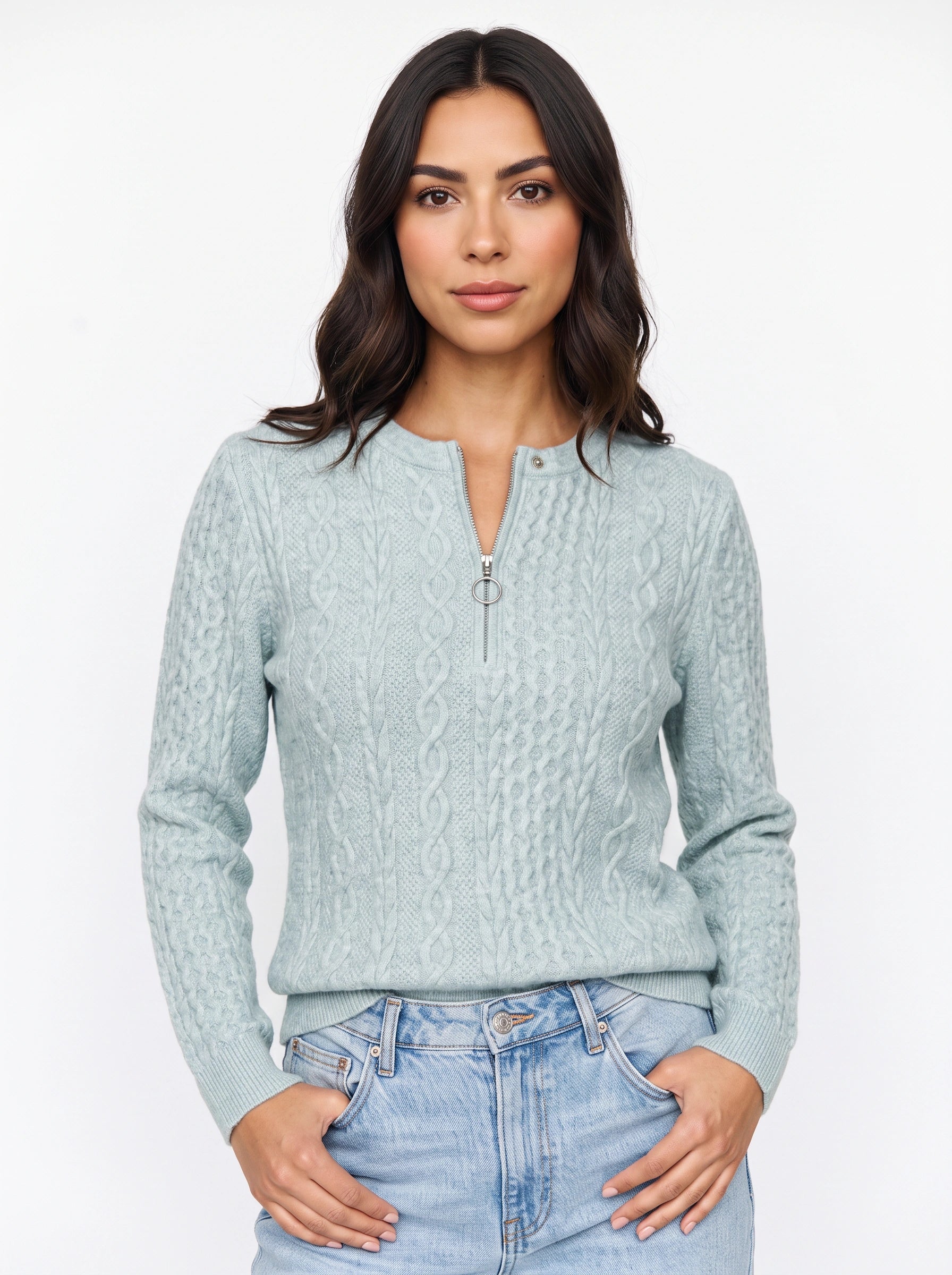Tressio Cable-Knit Zip Neck Jumper – Women Casual Smart Office Work Textured Knit Sweater Top