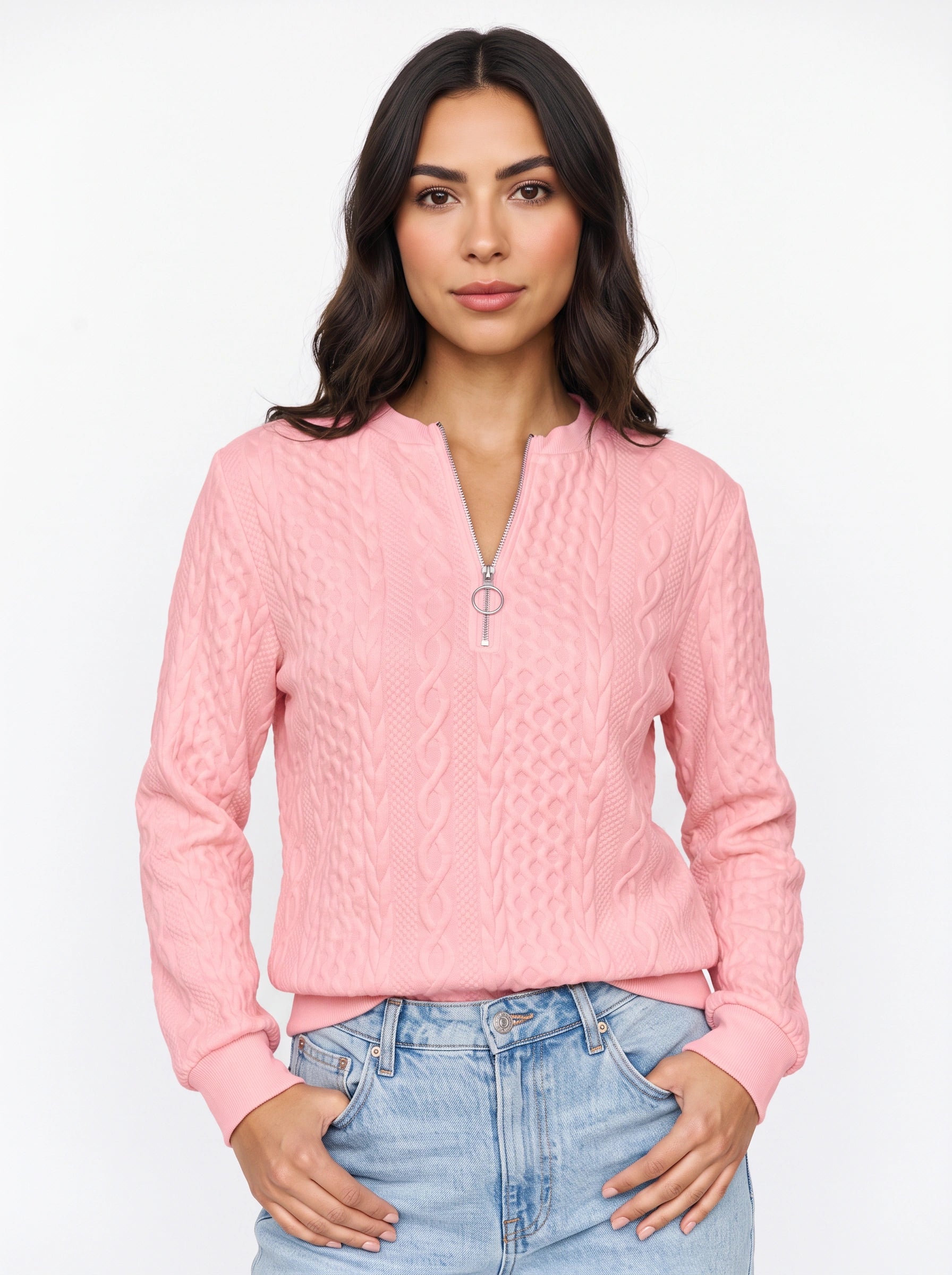 Tressio Cable-Knit Zip Neck Jumper – Women Casual Smart Office Work Textured Knit Sweater Top