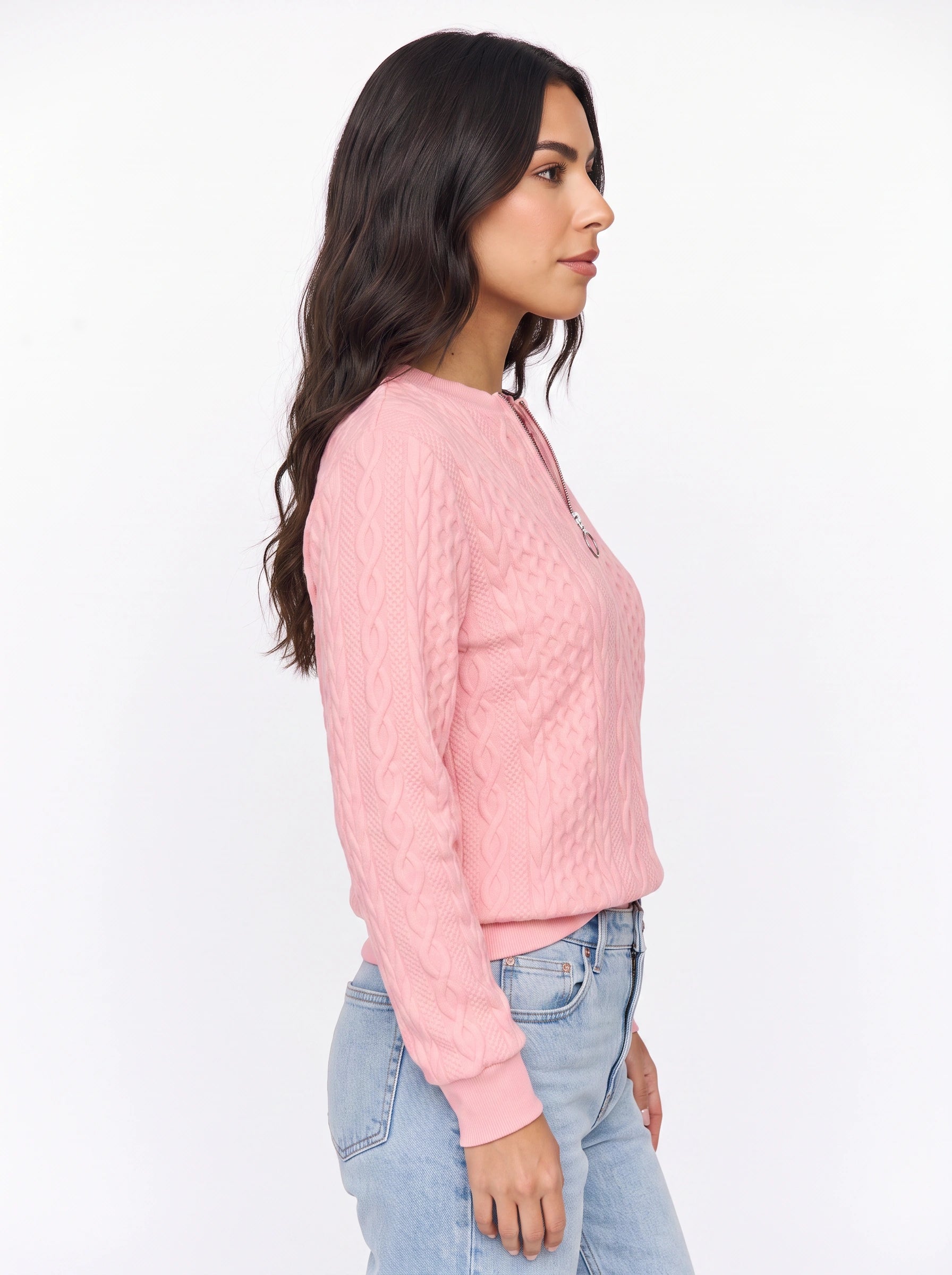 Tressio Cable-Knit Zip Neck Jumper – Women Casual Smart Office Work Textured Knit Sweater Top