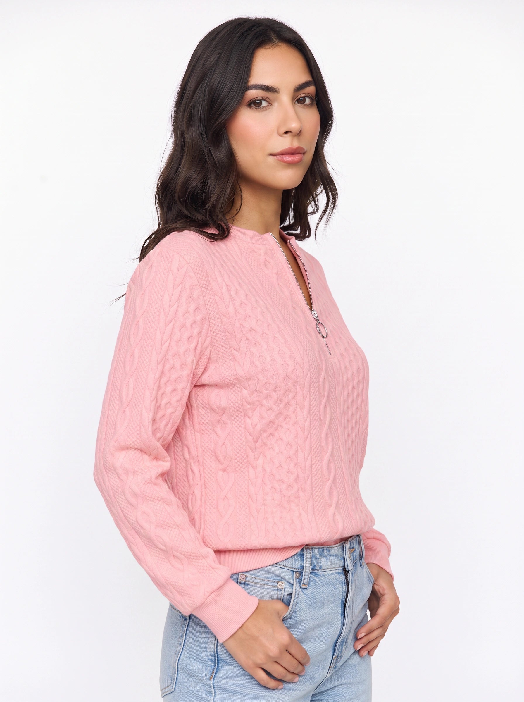 Tressio Cable-Knit Zip Neck Jumper – Women Casual Smart Office Work Textured Knit Sweater Top