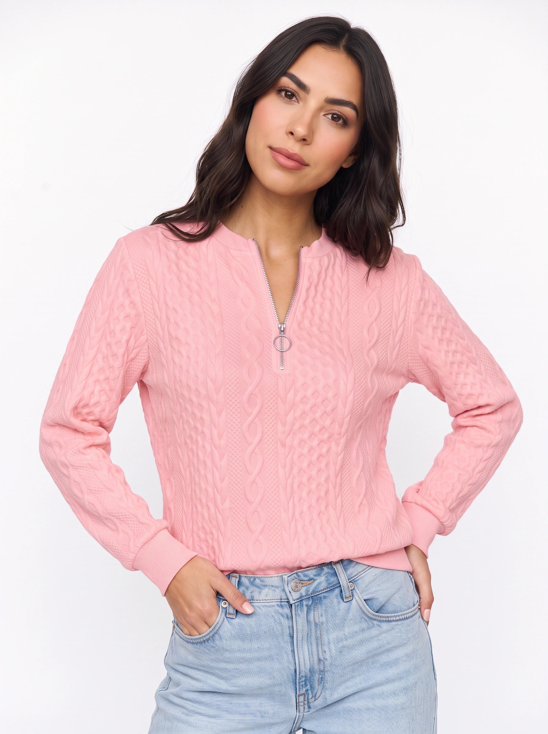 Tressio Cable-Knit Zip Neck Jumper – Women Casual Smart Office Work Textured Knit Sweater Top