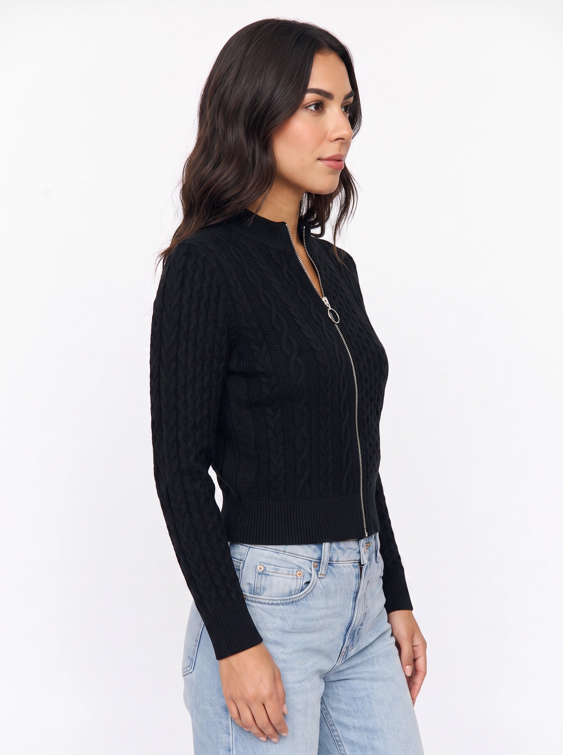 Tressio Cable-Knit Zip Neck Jumper – Women Casual Smart Office Work Textured Knit Sweater Top