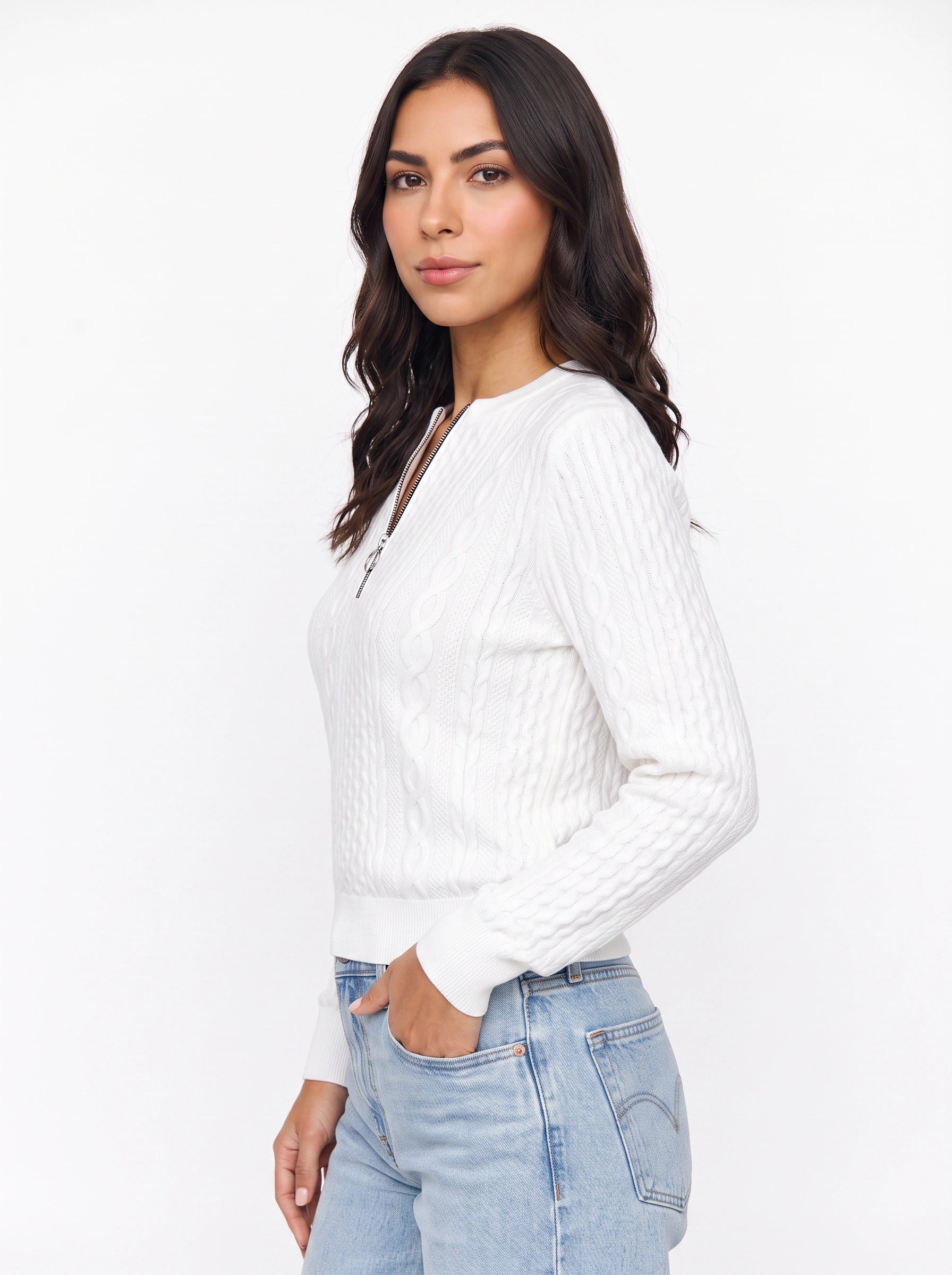 Tressio Cable-Knit Zip Neck Jumper – Women Casual Smart Office Work Textured Knit Sweater Top