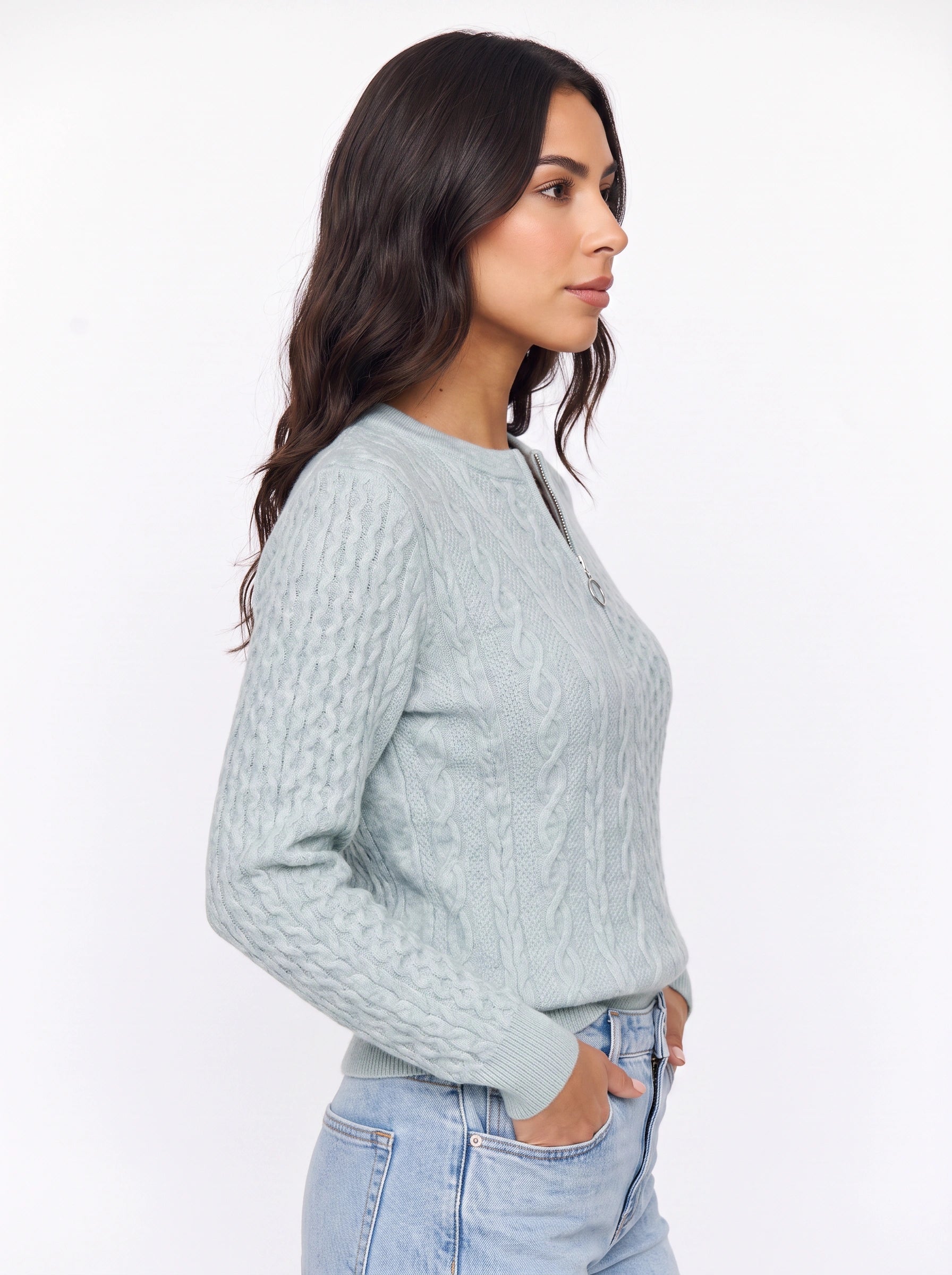 Tressio Cable-Knit Zip Neck Jumper – Women Casual Smart Office Work Textured Knit Sweater Top