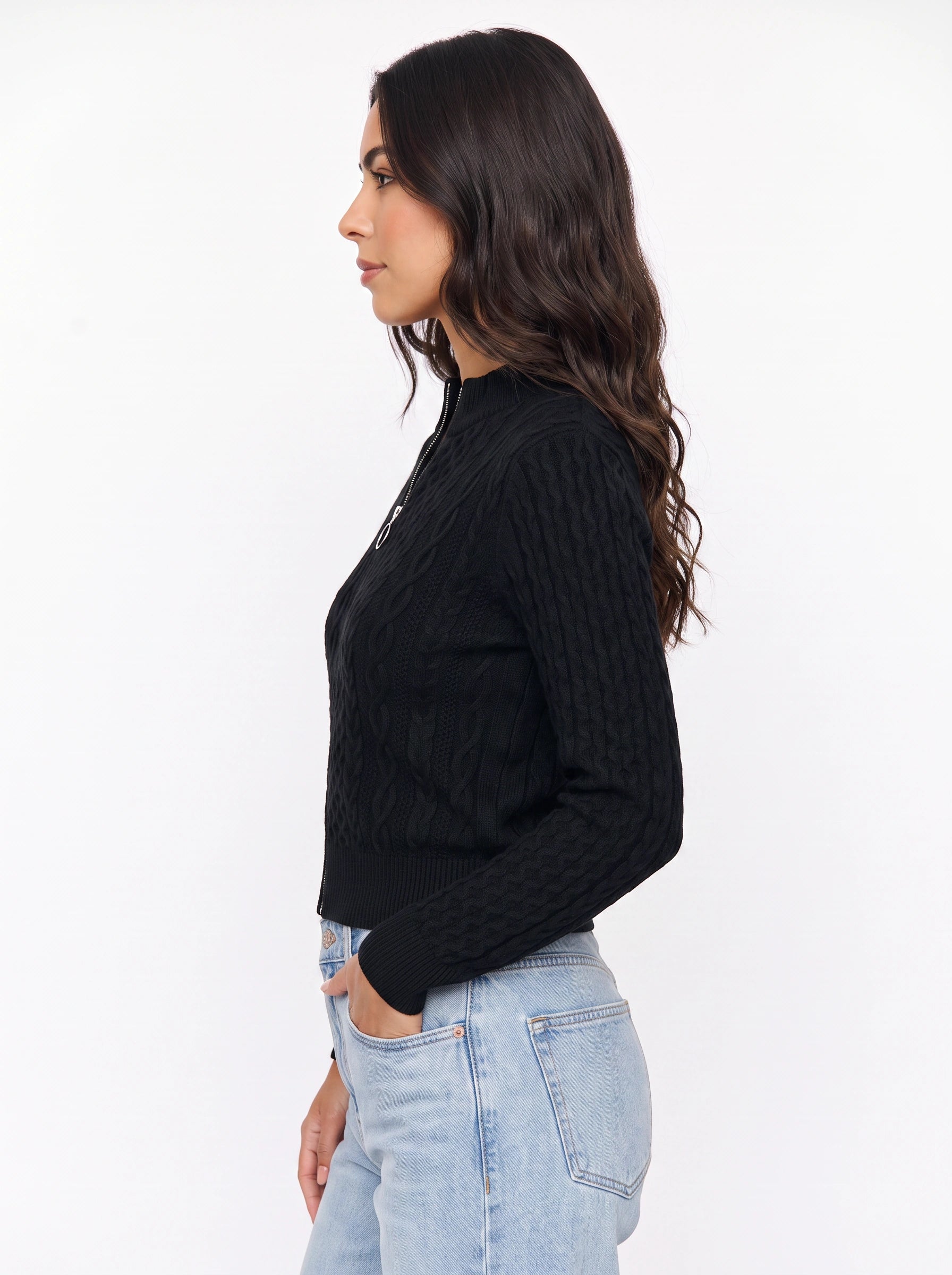 Tressio Cable-Knit Zip Neck Jumper – Women Casual Smart Office Work Textured Knit Sweater Top