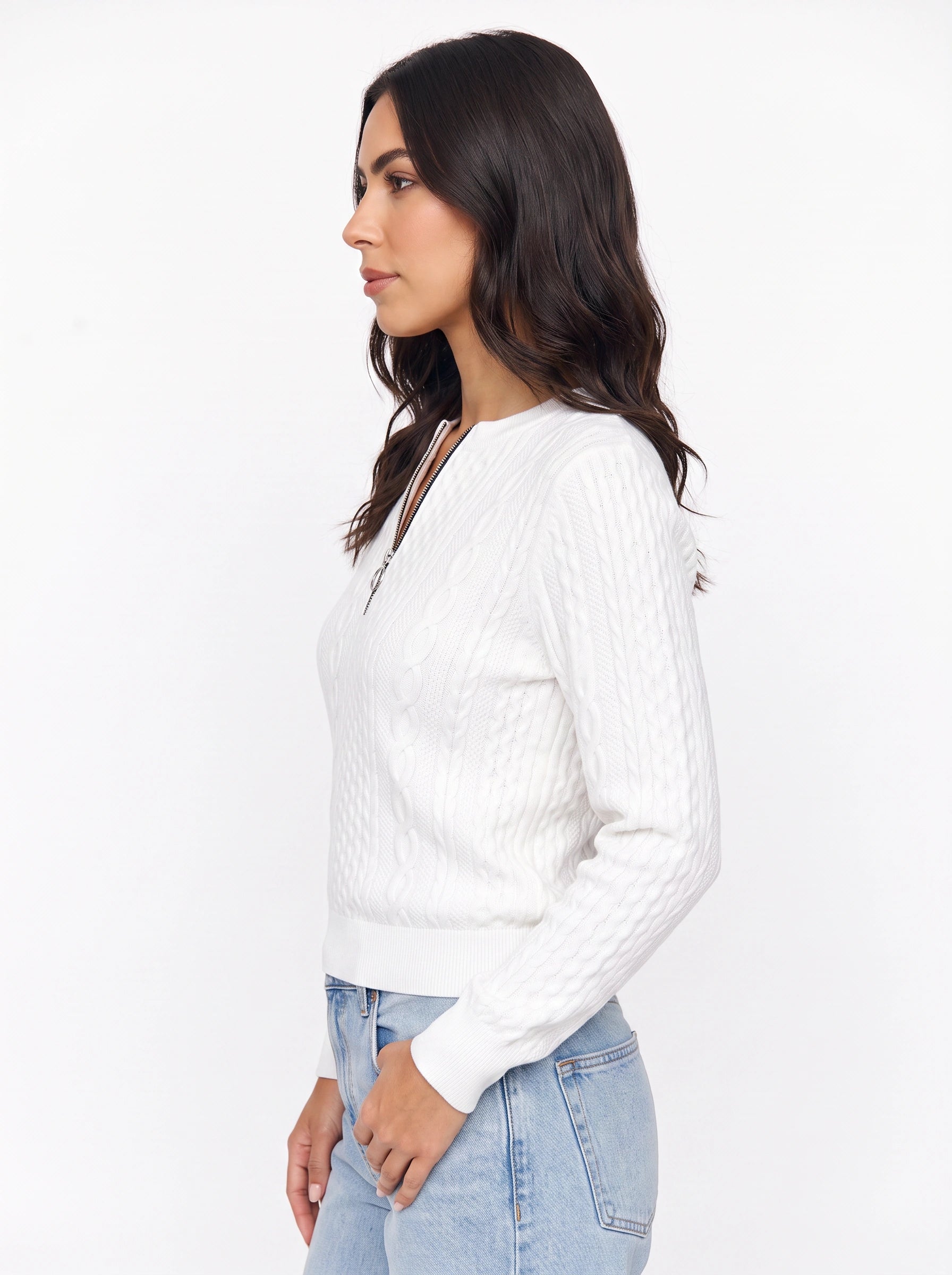 Tressio Cable-Knit Zip Neck Jumper – Women Casual Smart Office Work Textured Knit Sweater Top