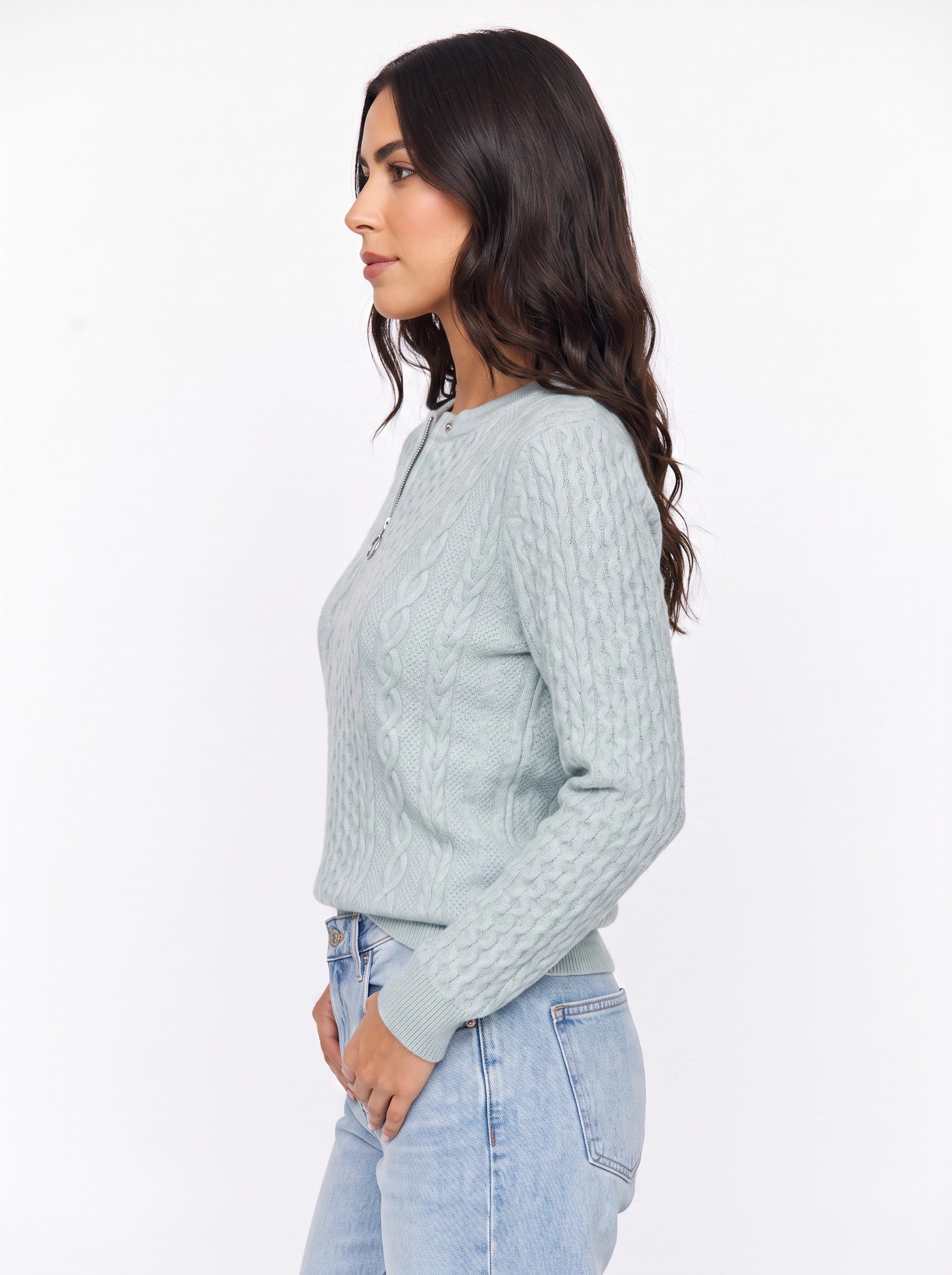 Tressio Cable-Knit Zip Neck Jumper – Women Casual Smart Office Work Textured Knit Sweater Top
