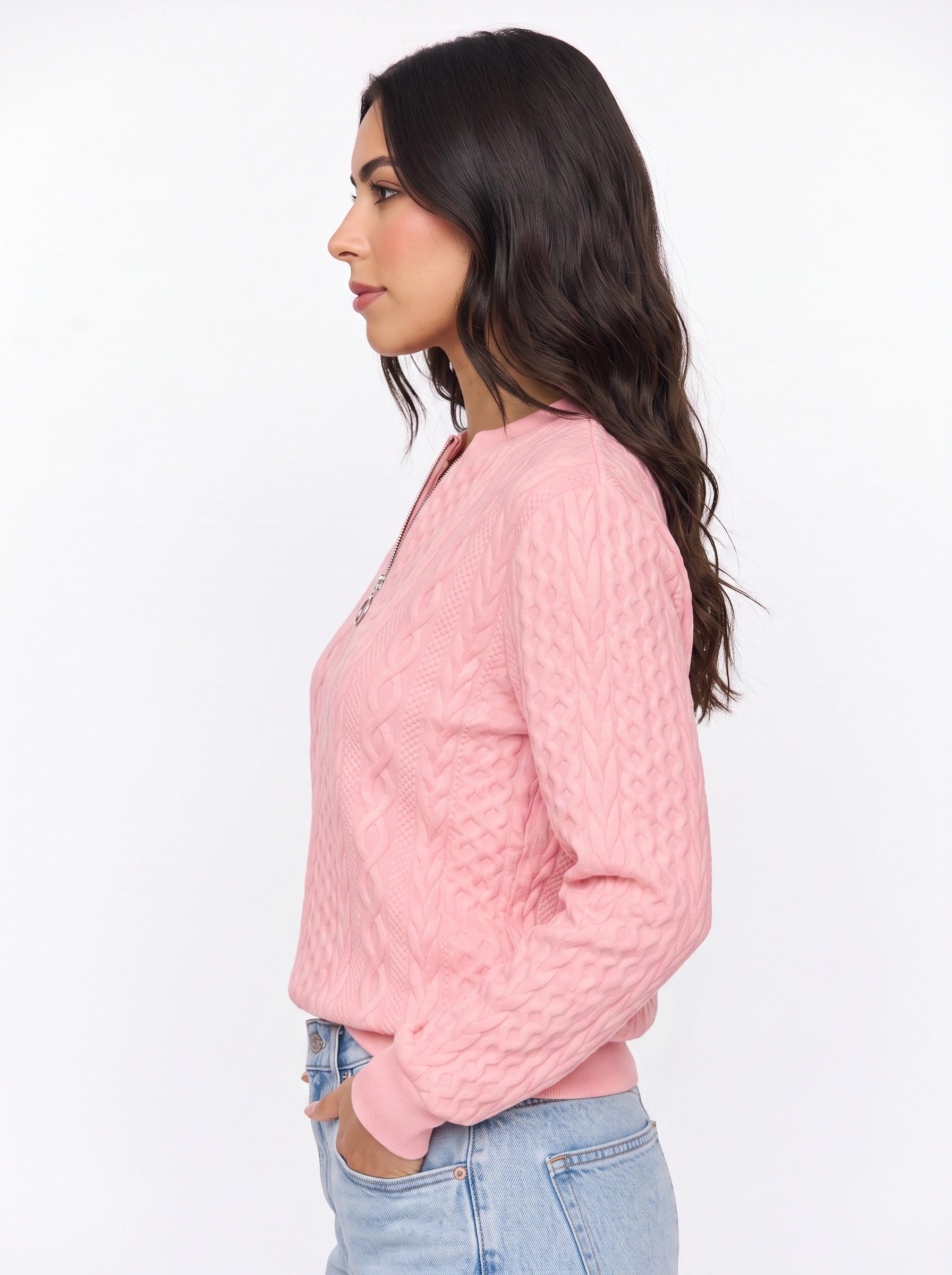 Tressio Cable-Knit Zip Neck Jumper – Women Casual Smart Office Work Textured Knit Sweater Top
