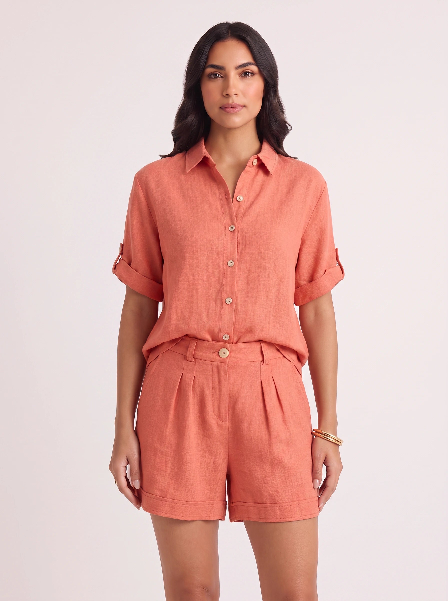 Krinetta Linen Button-Front Romper – Business Casual Women Short Sleeve Jumpsuit Ladies Collared Playsuit