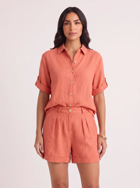 Krinetta Linen Button-Front Romper – Business Casual Women Short Sleeve Jumpsuit Ladies Collared Playsuit