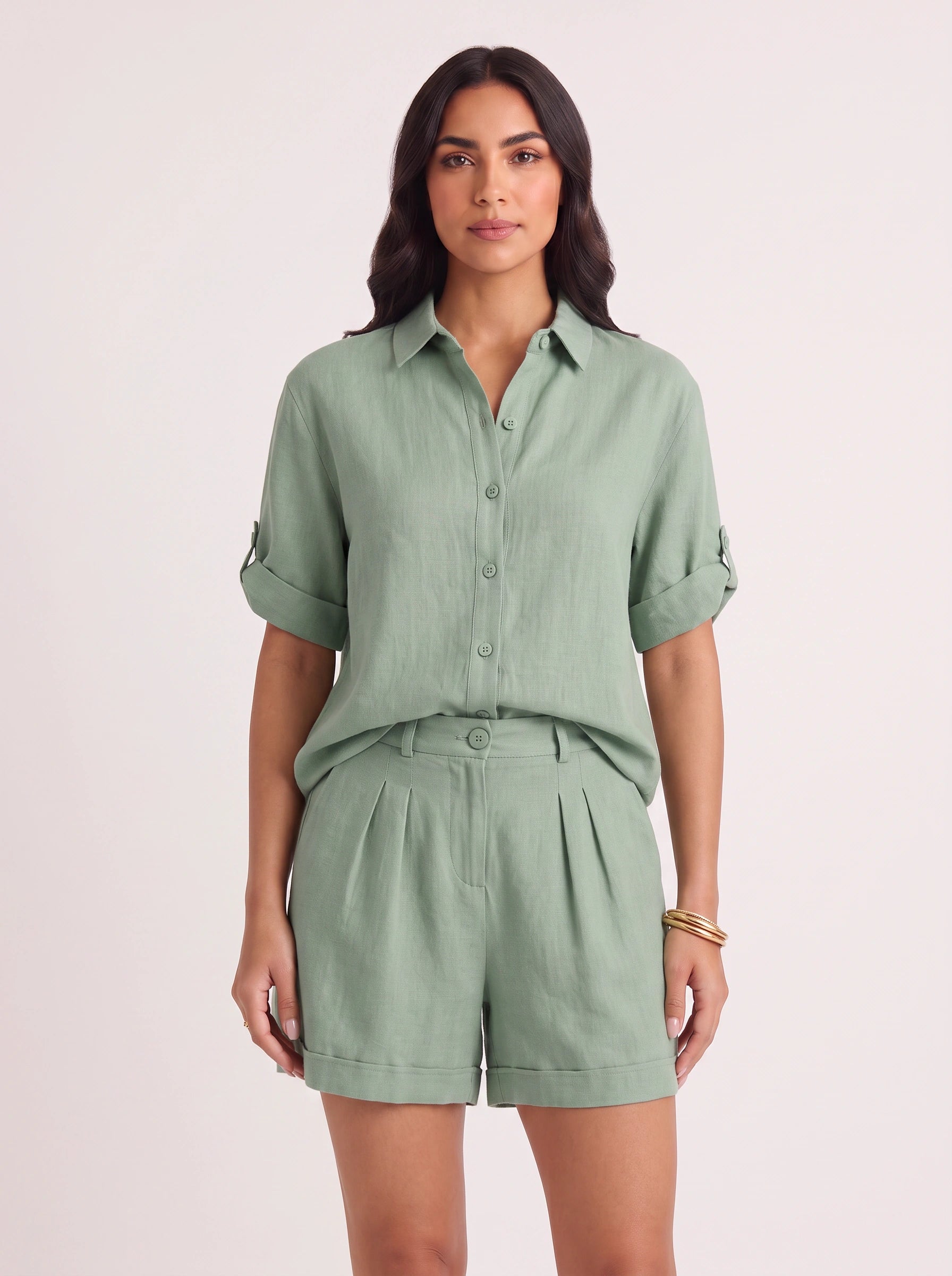 Krinetta Linen Button-Front Romper – Business Casual Women Short Sleeve Jumpsuit Ladies Collared Playsuit