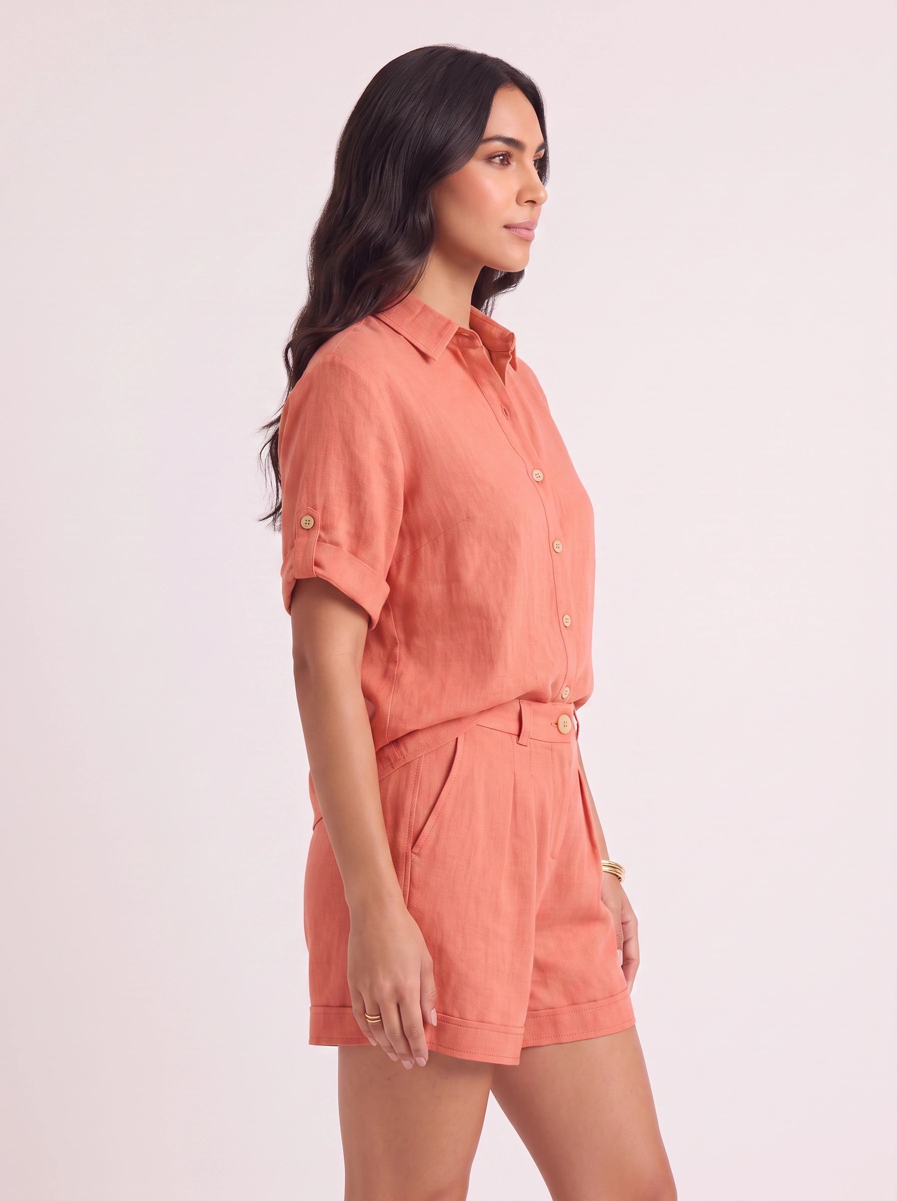 Krinetta Linen Button-Front Romper – Business Casual Women Short Sleeve Jumpsuit Ladies Collared Playsuit