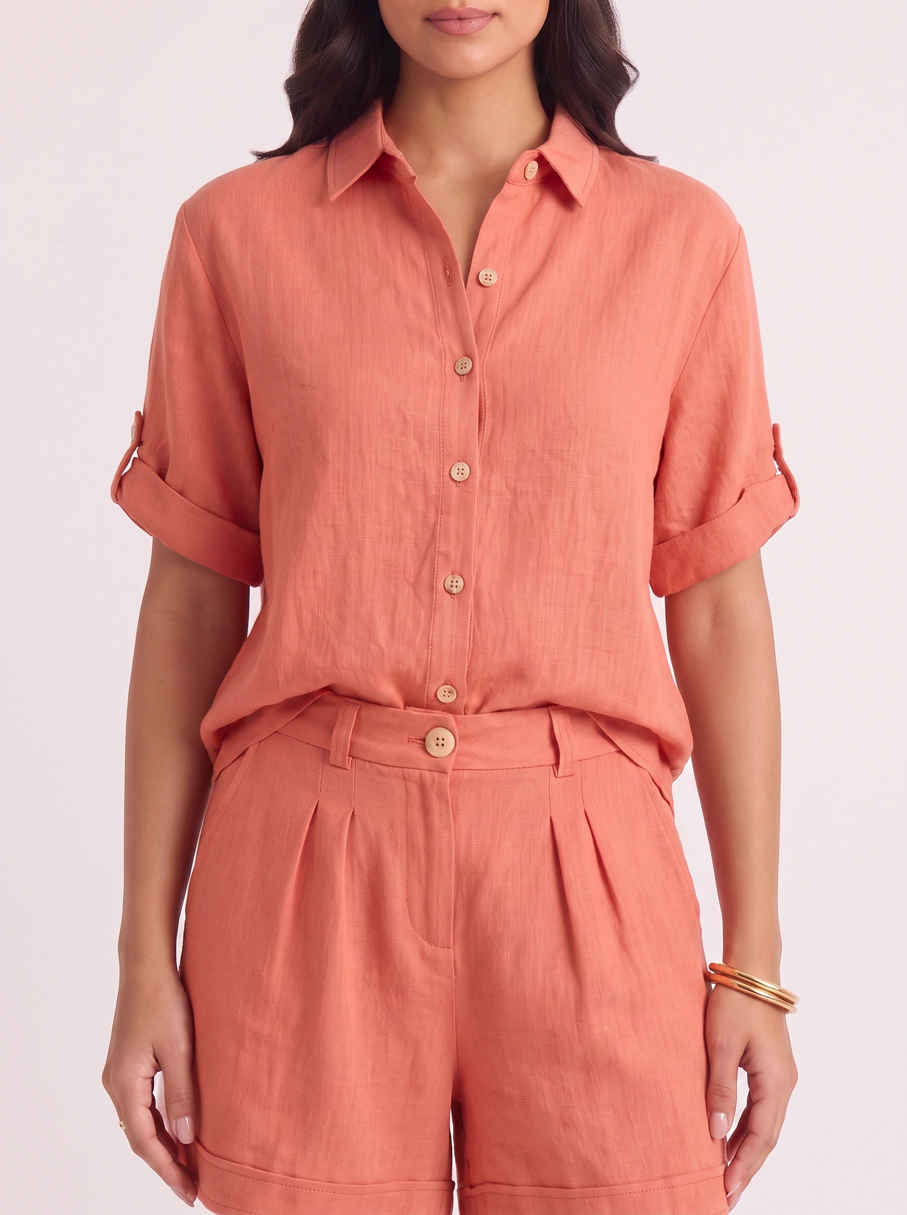 Krinetta Linen Button-Front Romper – Business Casual Women Short Sleeve Jumpsuit Ladies Collared Playsuit