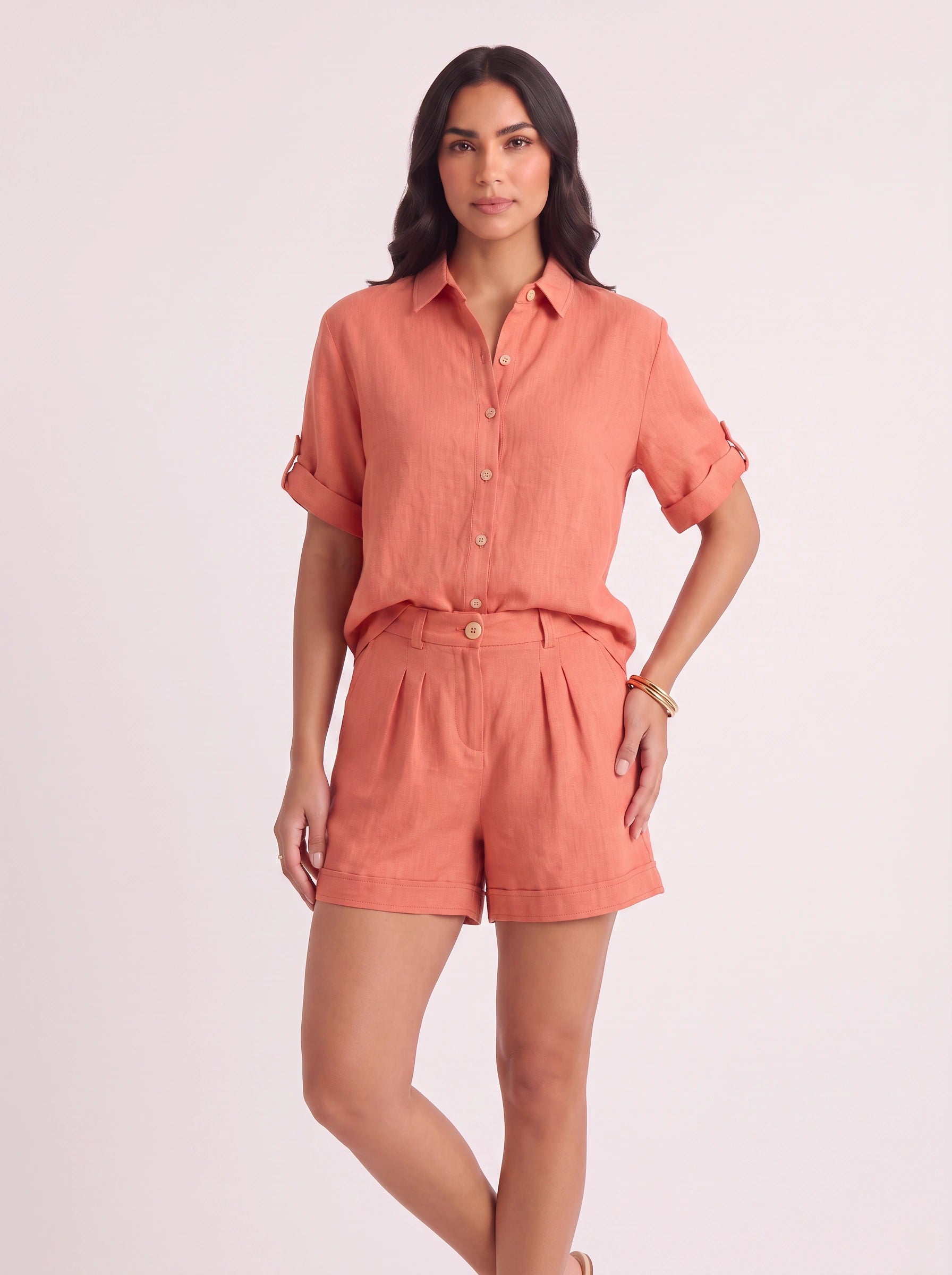 Krinetta Linen Button-Front Romper – Business Casual Women Short Sleeve Jumpsuit Ladies Collared Playsuit