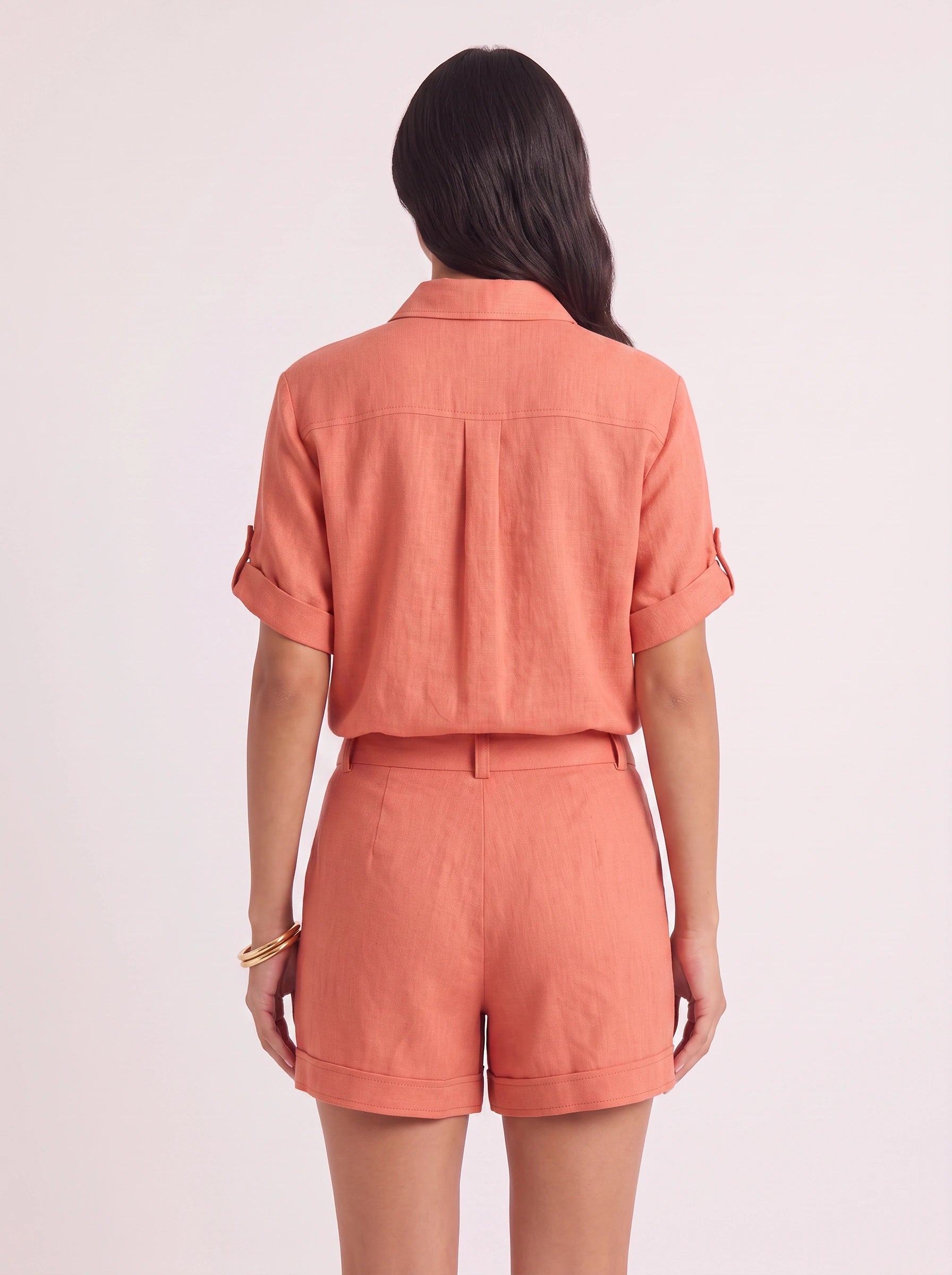 Krinetta Linen Button-Front Romper – Business Casual Women Short Sleeve Jumpsuit Ladies Collared Playsuit