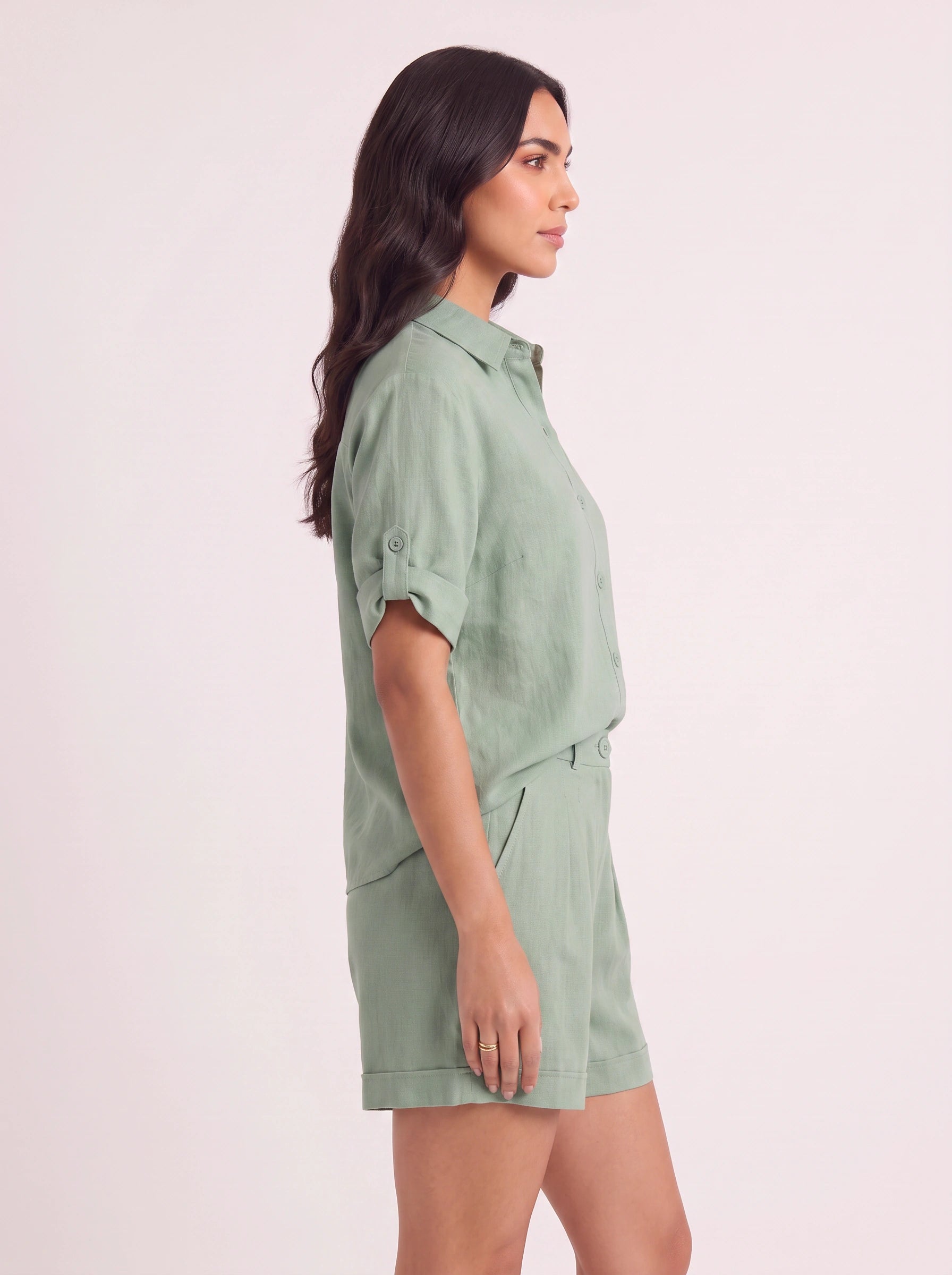 Krinetta Linen Button-Front Romper – Business Casual Women Short Sleeve Jumpsuit Ladies Collared Playsuit