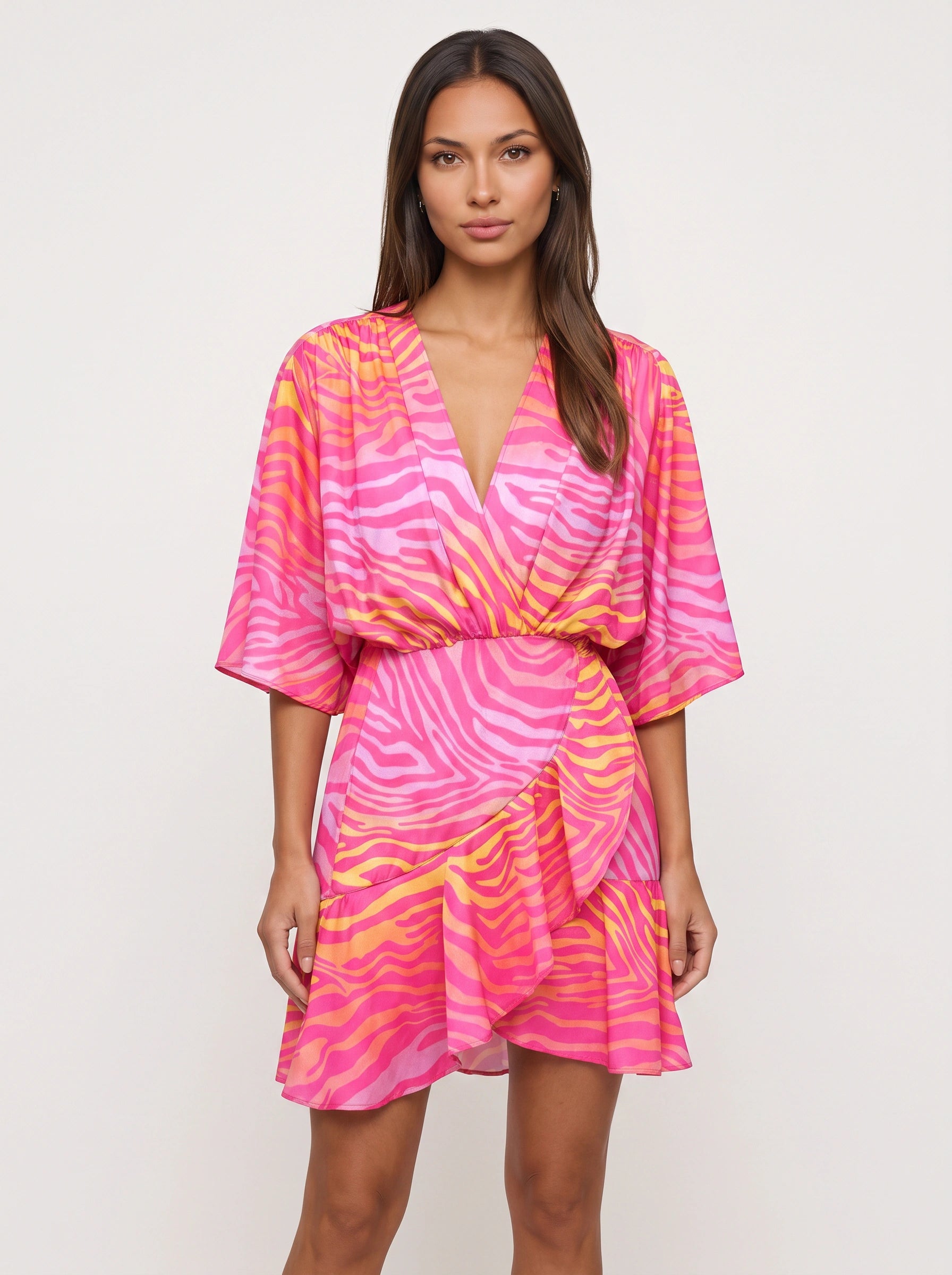 Zebrasa Kimono Wrap Mini Dress – Zebra Print Kimono Sleeve Mini Dress Women Summer Beach Vacation Resort Wrap Mini Dress