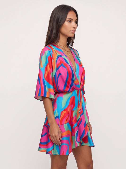 Zebrasa Kimono Wrap Mini Dress – Zebra Print Kimono Sleeve Mini Dress Women Summer Beach Vacation Resort Wrap Mini Dress