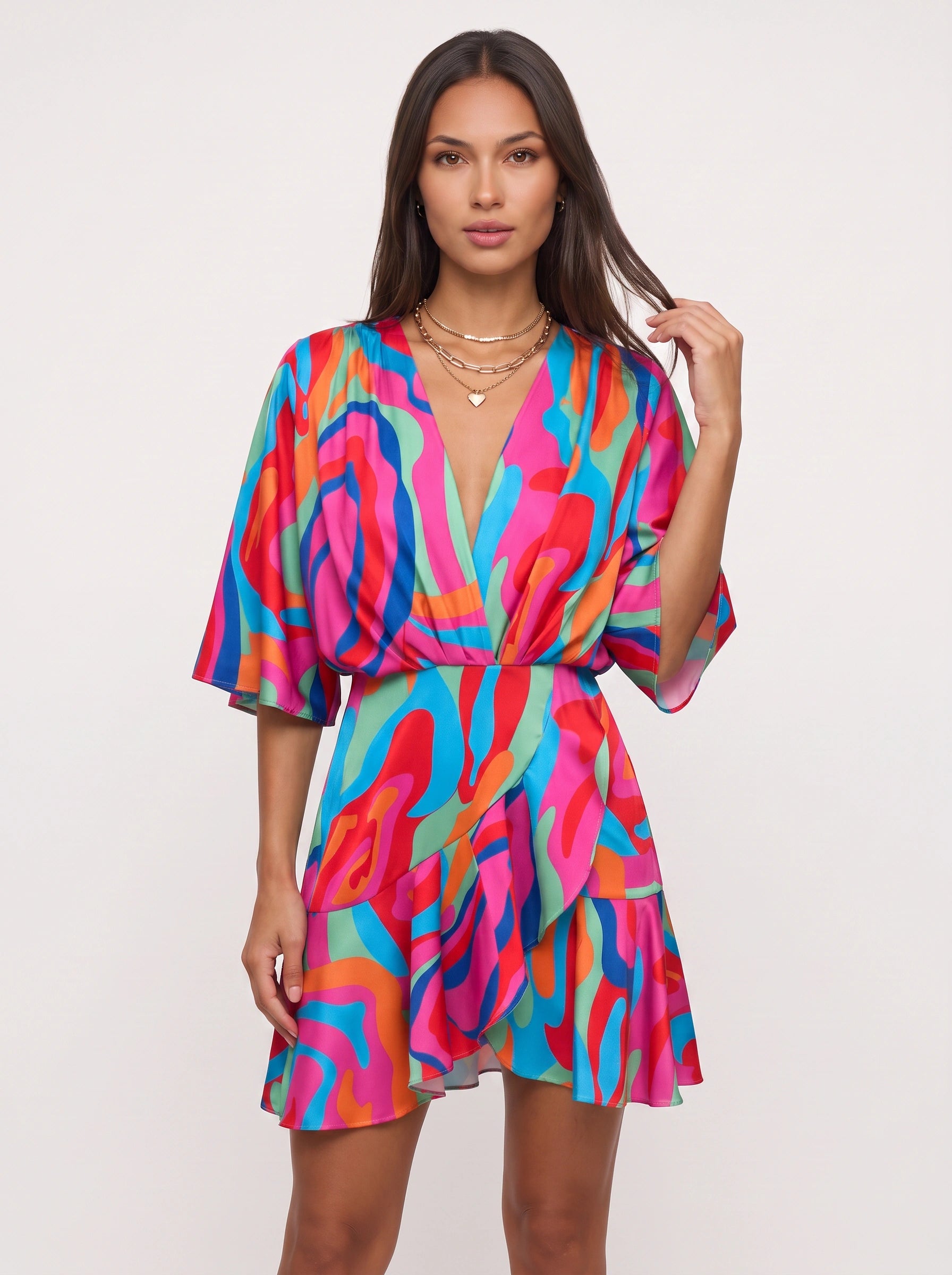 Zebrasa Kimono Wrap Mini Dress – Zebra Print Kimono Sleeve Mini Dress Women Summer Beach Vacation Resort Wrap Mini Dress