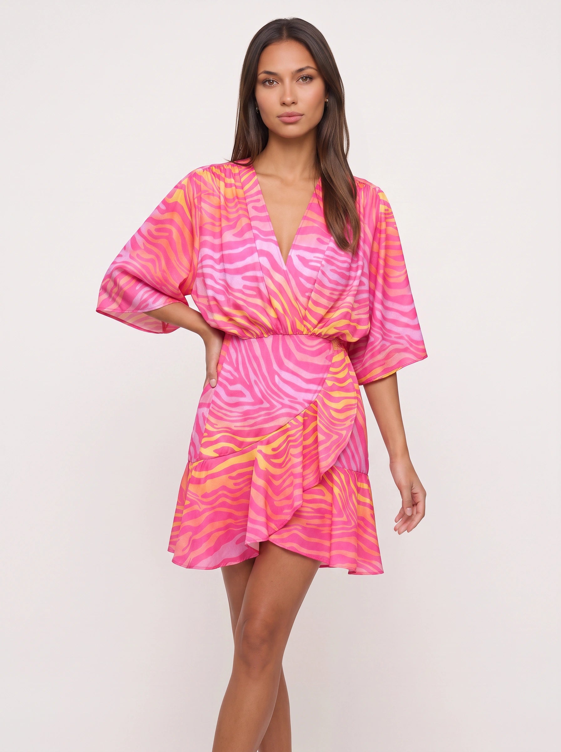 Zebrasa Kimono Wrap Mini Dress – Zebra Print Kimono Sleeve Mini Dress Women Summer Beach Vacation Resort Wrap Mini Dress